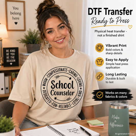 A woman sits at a desk wearing a cream-colored t-shirt with a black circular graphic that reads 'School Counselor' surrounded by positive words. The image includes promotional text on the right explaining 'DTF Transfer Ready to Press' features, with a green insulated tumbler in the foreground.