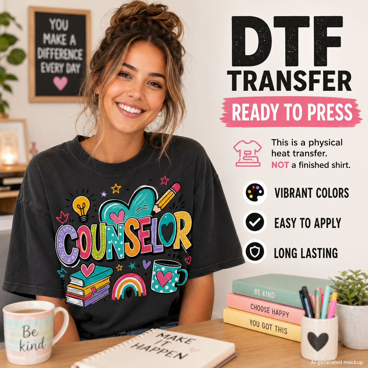 A woman wearing a black graphic T-shirt with a colorful 'Counselor' design sits at a desk in a bright room. The image includes promotional text for a DTF transfer product, with icons and phrases like 'Vibrant Colors', 'Easy to Apply', and 'Long Lasting'.