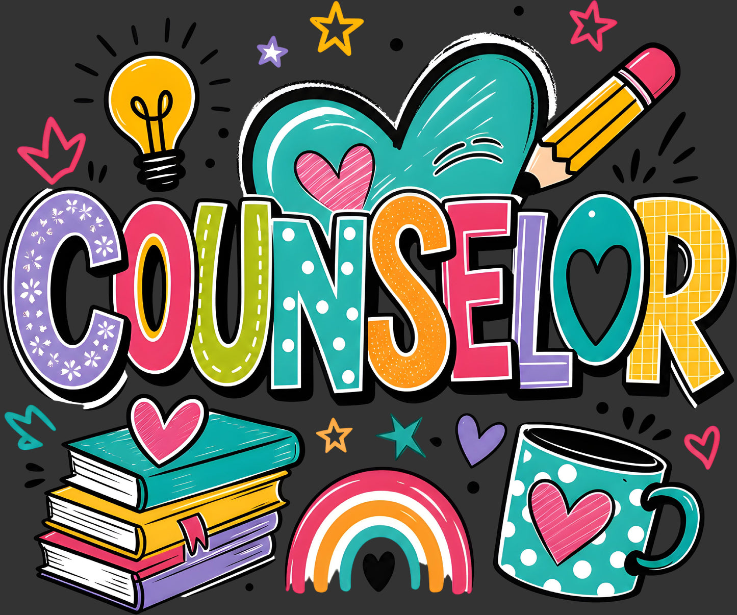 A colorful graphic illustration spelling 'COUNSELOR' with playful school-themed icons including books, a pencil, a light bulb, a heart, stars, a rainbow, and a heart-patterned mug on a dark background.