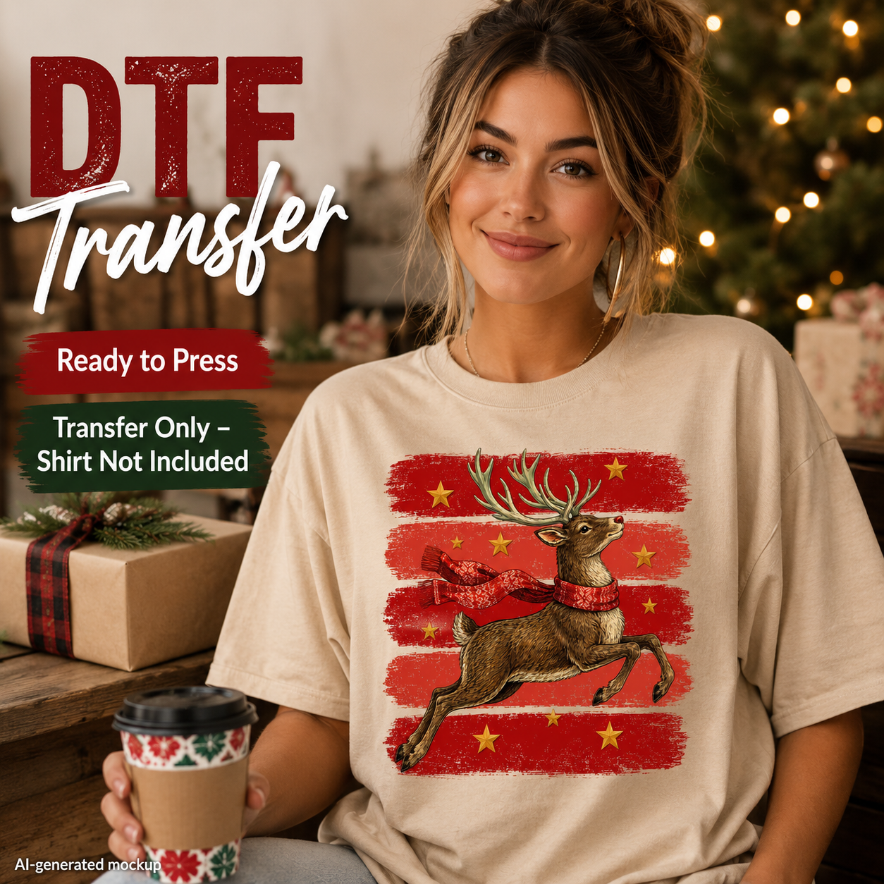 A woman wearing a beige t-shirt with a festive Christmas graphic of a reindeer over red and gold distressed stripes. The image includes promotional text overlays for a 'DTF Transfer' product, set against a cozy holiday background with a Christmas tree and wrapped gifts.