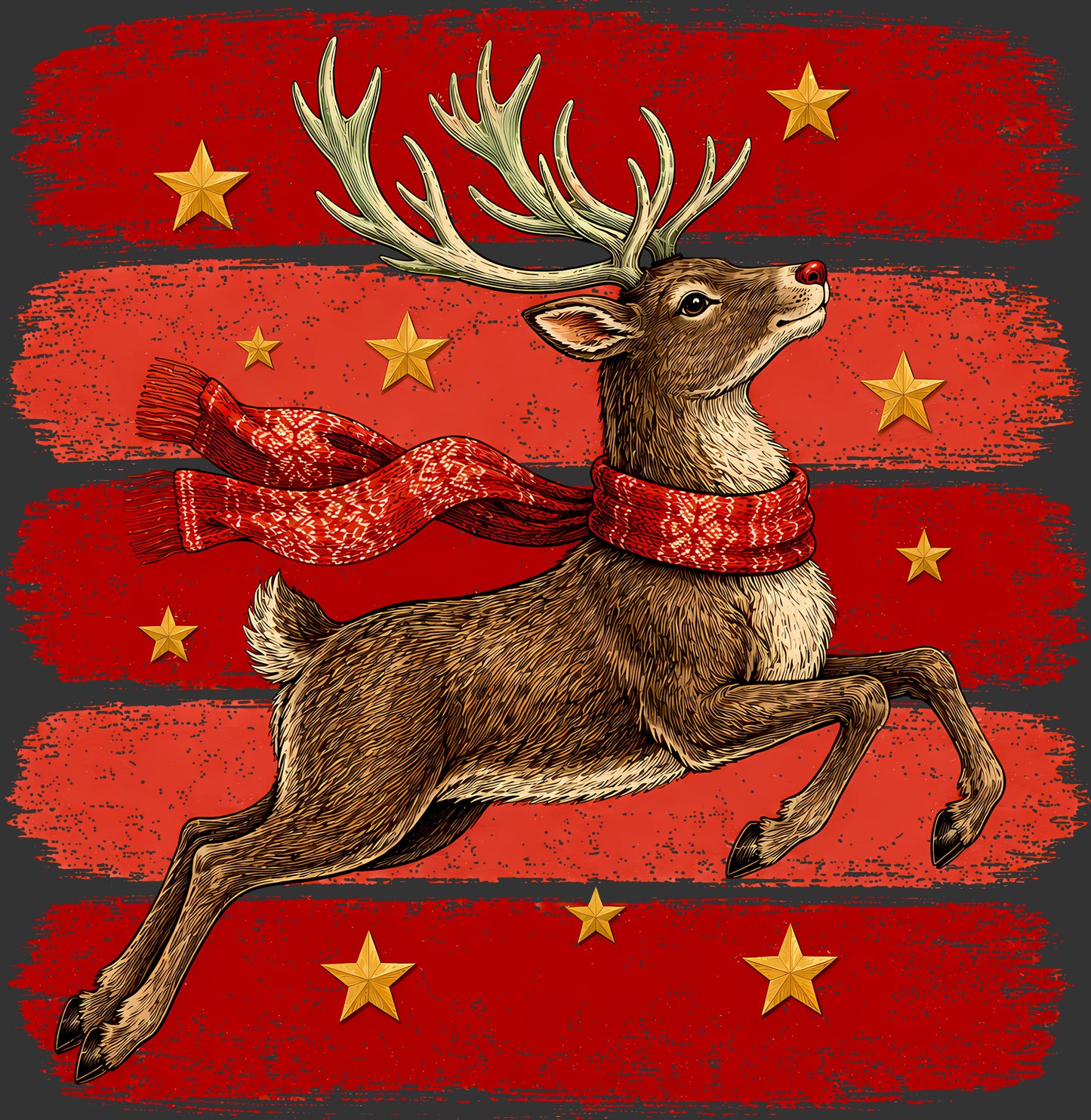 A stylized illustration of a deer with antlers wearing a red patterned scarf, set against a distressed red background with horizontal stripes and gold stars.