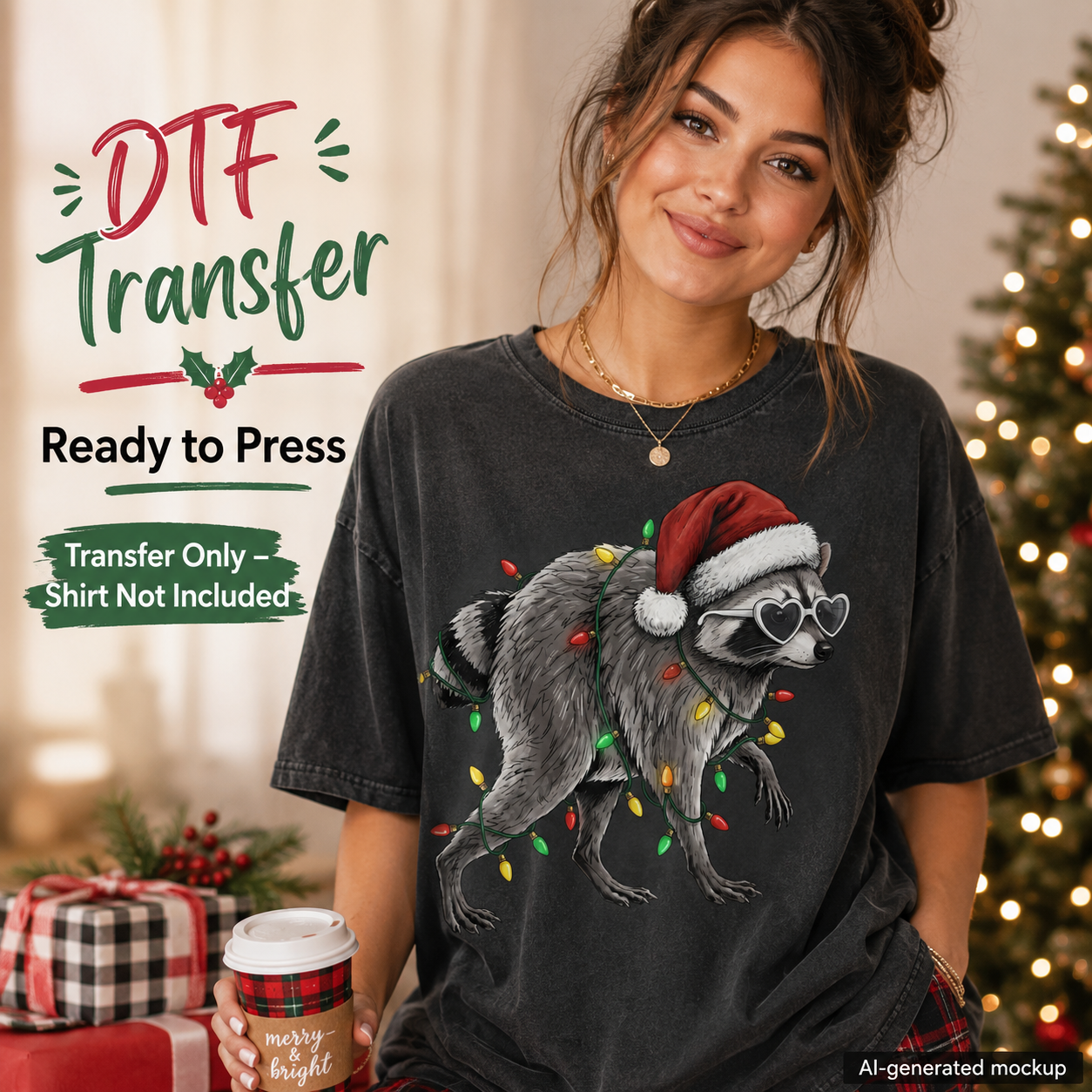 A woman wearing a dark gray graphic T-shirt with a Christmas-themed raccoon design, posed in a cozy holiday setting with a coffee cup and wrapped gifts. Text overlays advertise a DTF transfer service.