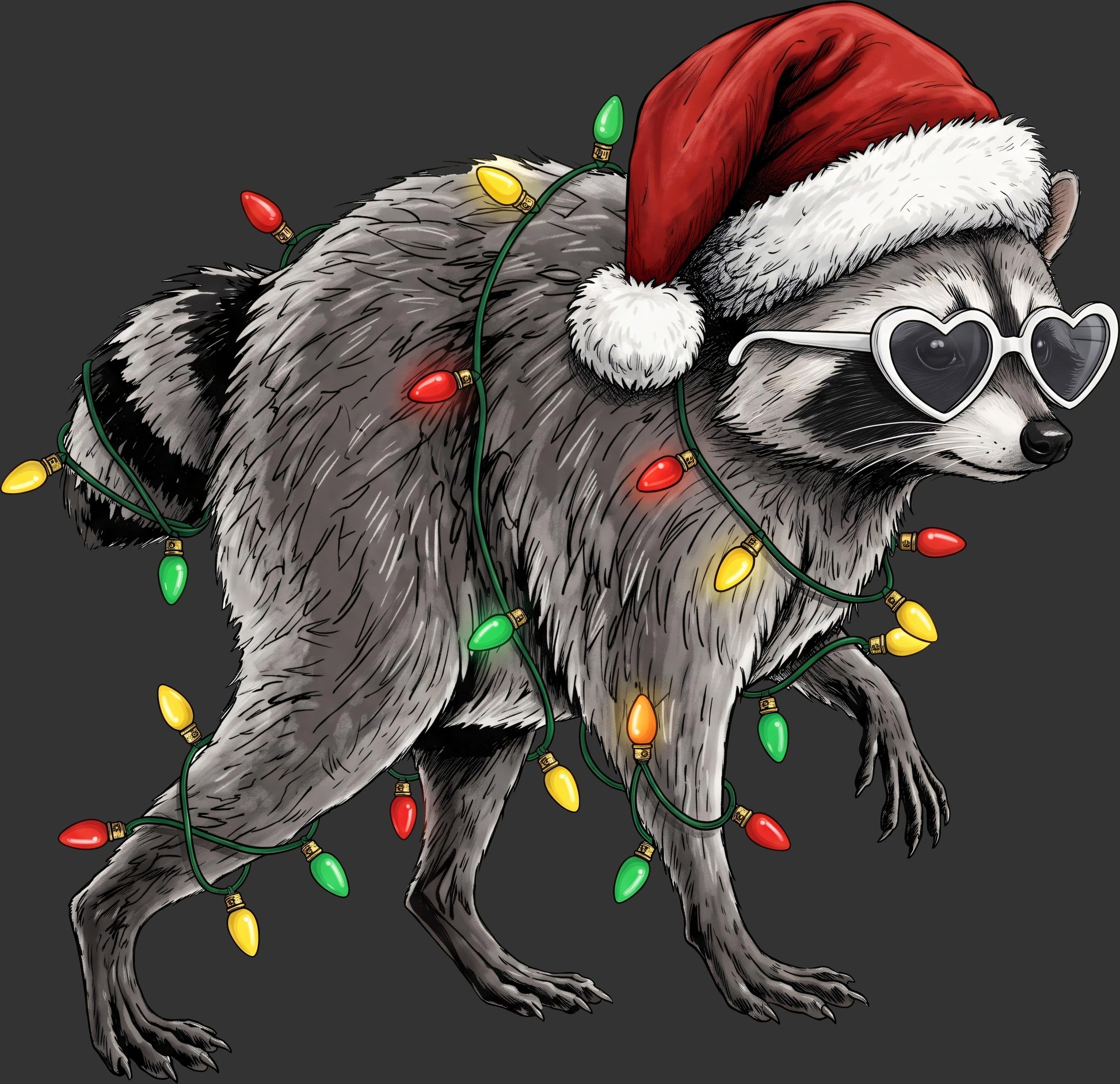 Christmas raccoon DTF transfer with Santa hat heart sunglasses and colorful holiday lights