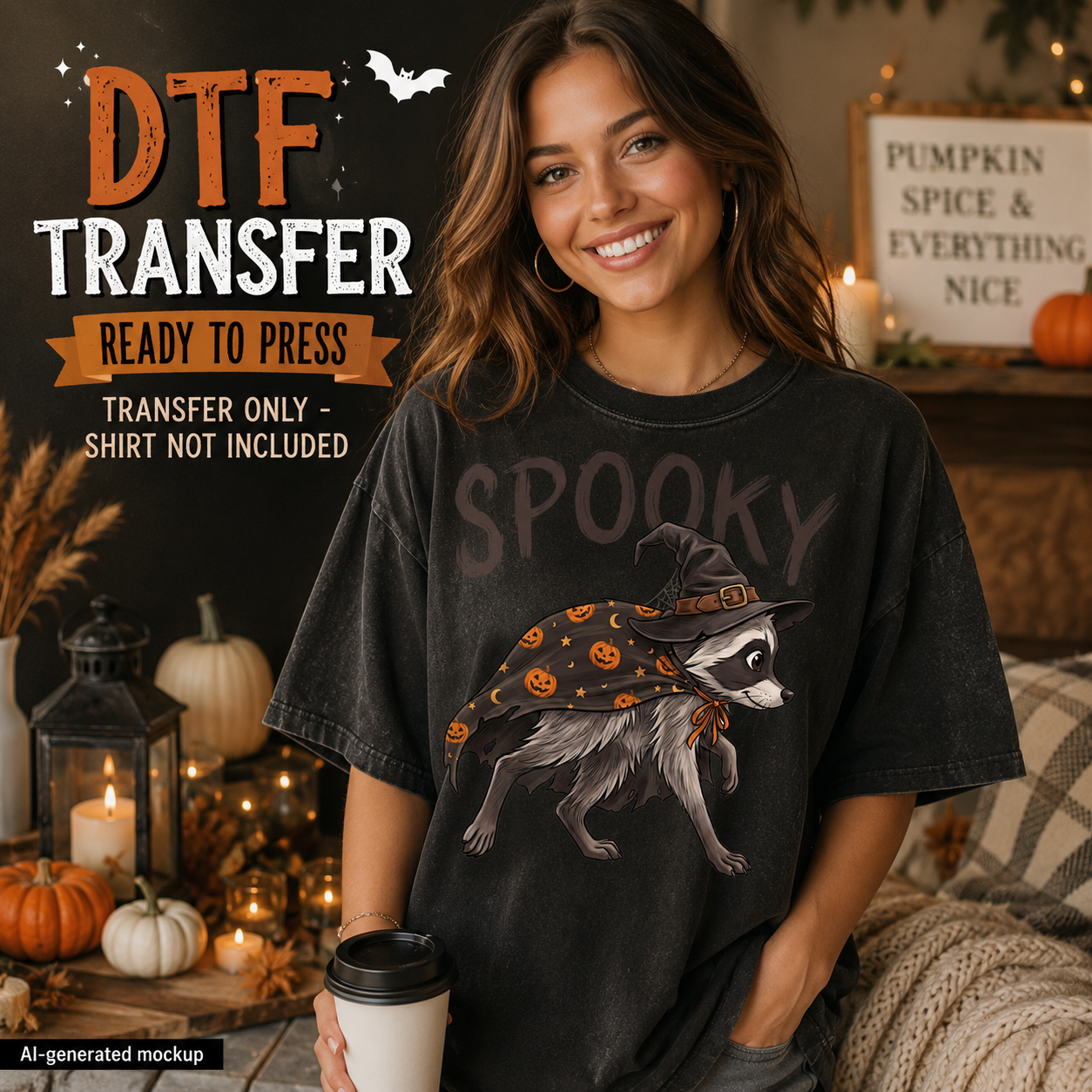 A woman wearing a dark charcoal graphic t-shirt with a 'Spooky' raccoon illustration, posed in a cozy, warmly lit autumn-themed room with pumpkins and candles. Text overlays on the left read 'DTF TRANSFER READY TO PRESS'.