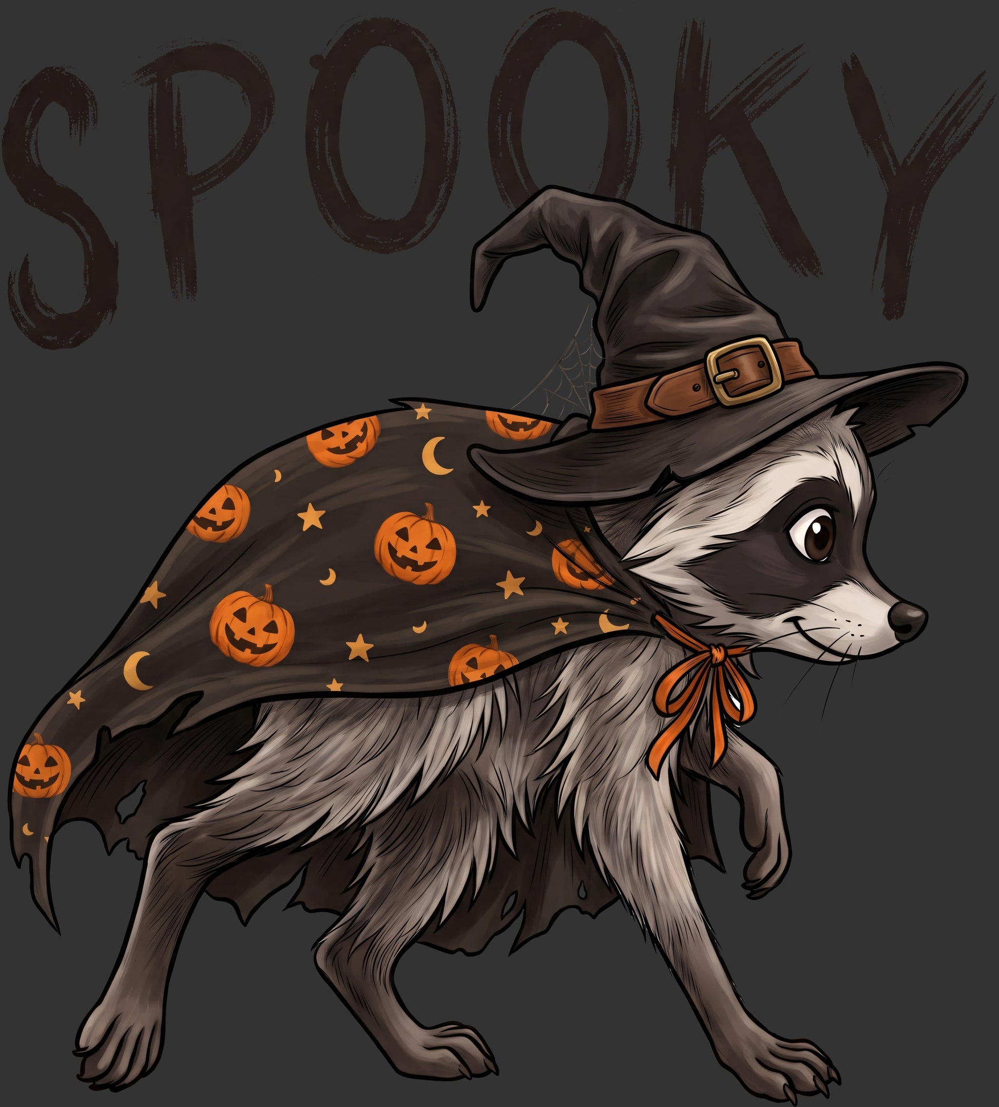 A cartoon raccoon dressed as a witch, wearing a pointed black hat, a black cape with orange pumpkin and moon patterns, and an orange bow, set against a dark gray background with the word 'SPOOKY' in large letters.