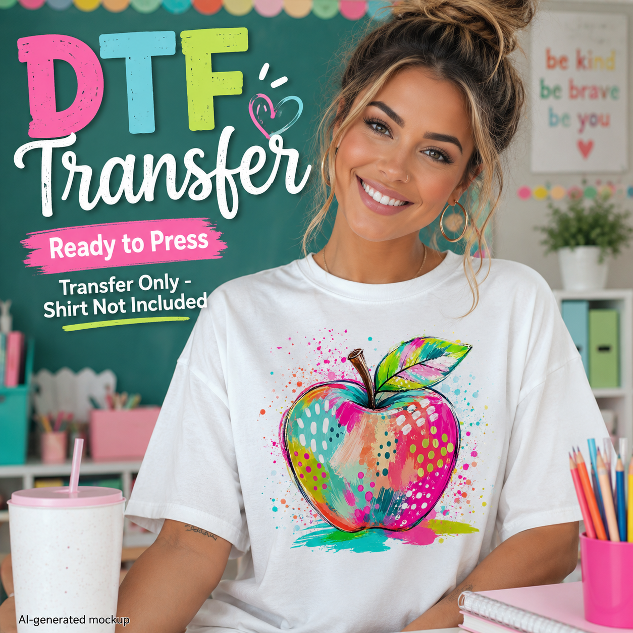 A woman wearing a white graphic T-shirt with a colorful watercolor apple design, set in a bright classroom-like environment. Large text on the left reads 'DTF Transfer Ready to Press' and 'Transfer Only - Shirt Not Included', indicating this is a mockup/preview for a transfer design rather than a standard product photo.