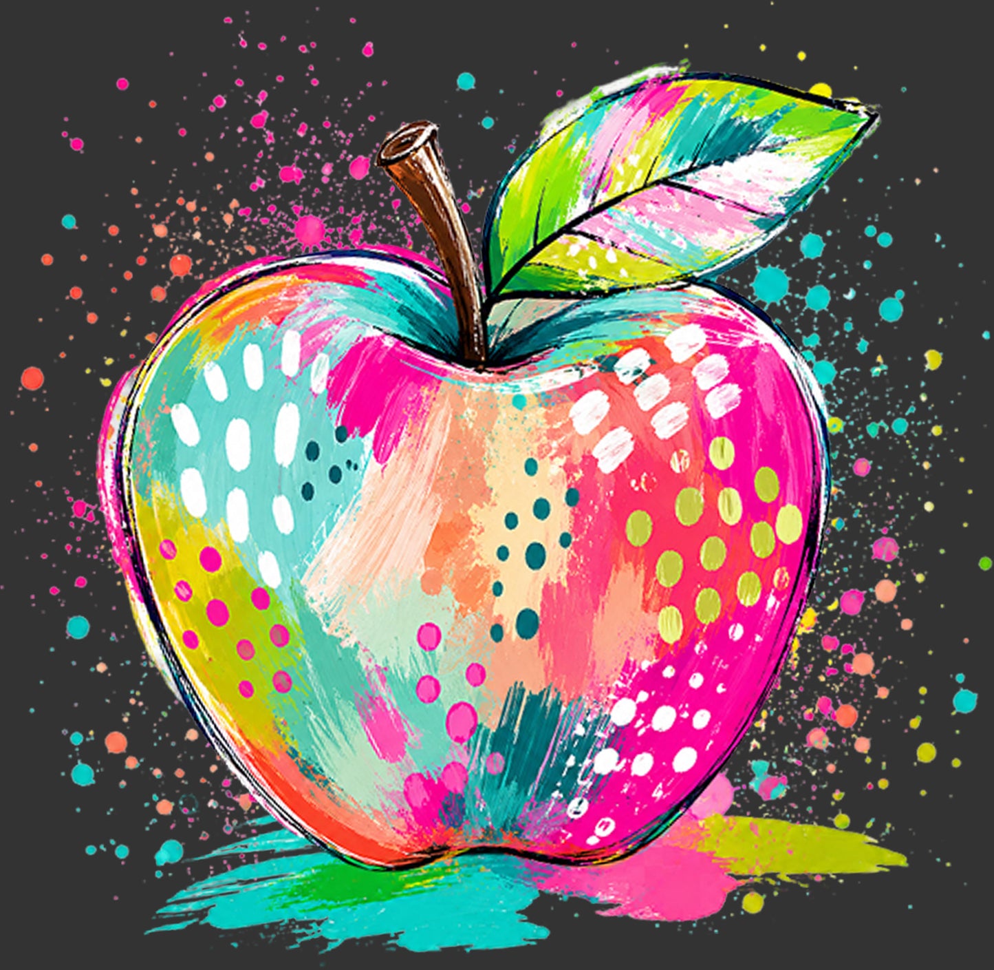 A colorful abstract apple illustration with a brown stem and leaf, covered in bright pink, teal, yellow, green, and white paint-like splashes and dots on a dark gray background with scattered paint splatters.