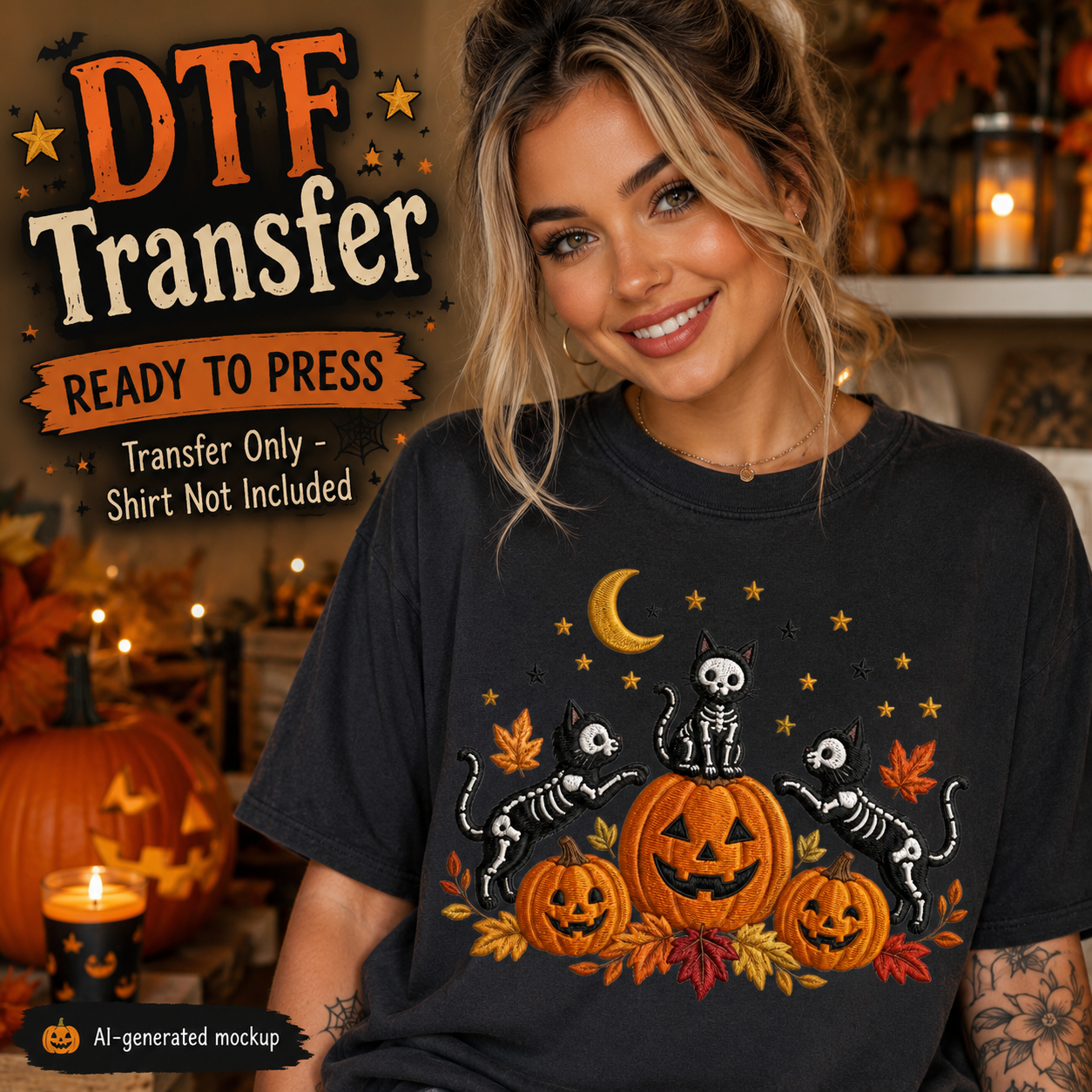 A woman wearing a black T-shirt with a Halloween graphic print featuring skeletons, pumpkins, stars, and leaves. Large text on the left reads 'DTF Transfer Ready to Press' and says the shirt is not included, with an AI-generated mockup label at the bottom left.