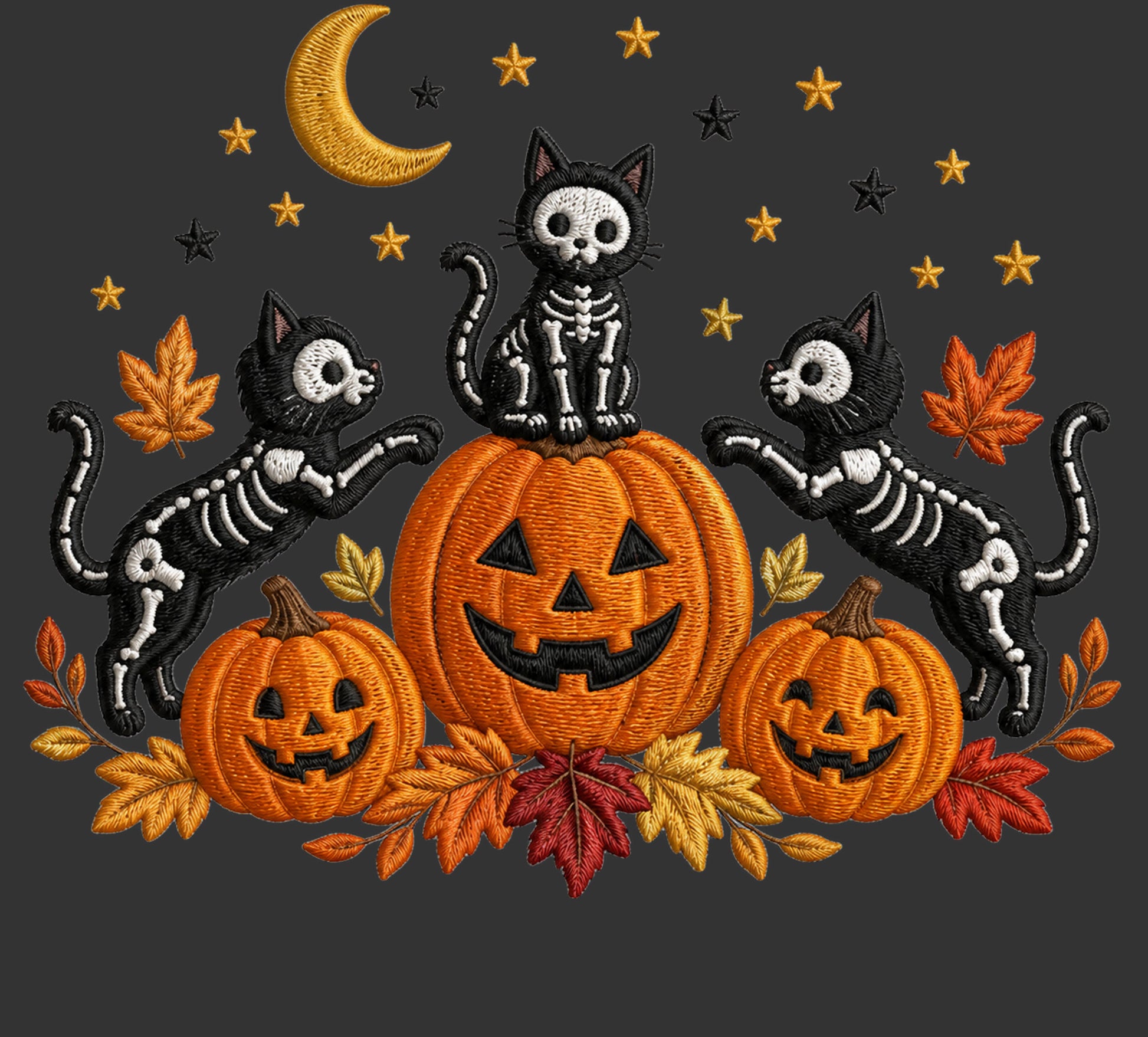 Halloween embroidered design featuring three black cats with white skeletons, three orange jack-o'-lanterns, gold stars, a gold crescent moon, and red and gold autumn leaves on a dark gray background.