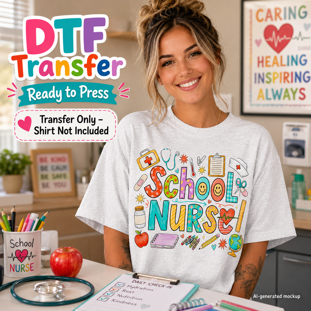 A woman wearing a white graphic T-shirt with a colorful 'School Nurse' design, posed in a bright classroom setting. Large promotional text overlays read 'DTF Transfer Ready to Press' and 'Transfer Only - Shirt Not Included'.