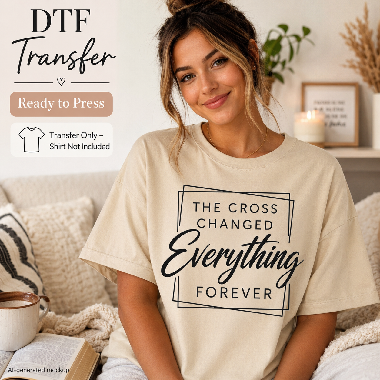 A woman sitting indoors wearing a cream-colored oversized T-shirt with a black graphic that reads 'THE CROSS CHANGED Everything FOREVER.' Promotional text in the upper left says 'DTF Transfer' and 'Ready to Press,' with a note that the transfer only and shirt not included.