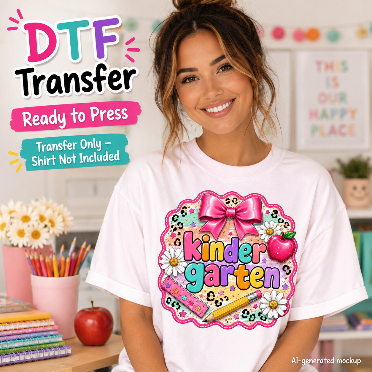 A woman wearing a white T-shirt with a colorful 'Kinder Garten' DTF transfer graphic on the front, set in a bright, decorated classroom-like environment. Text overlays on the left read 'DTF Transfer', 'Ready to Press', and 'Transfer Only - Shirt Not Included'.