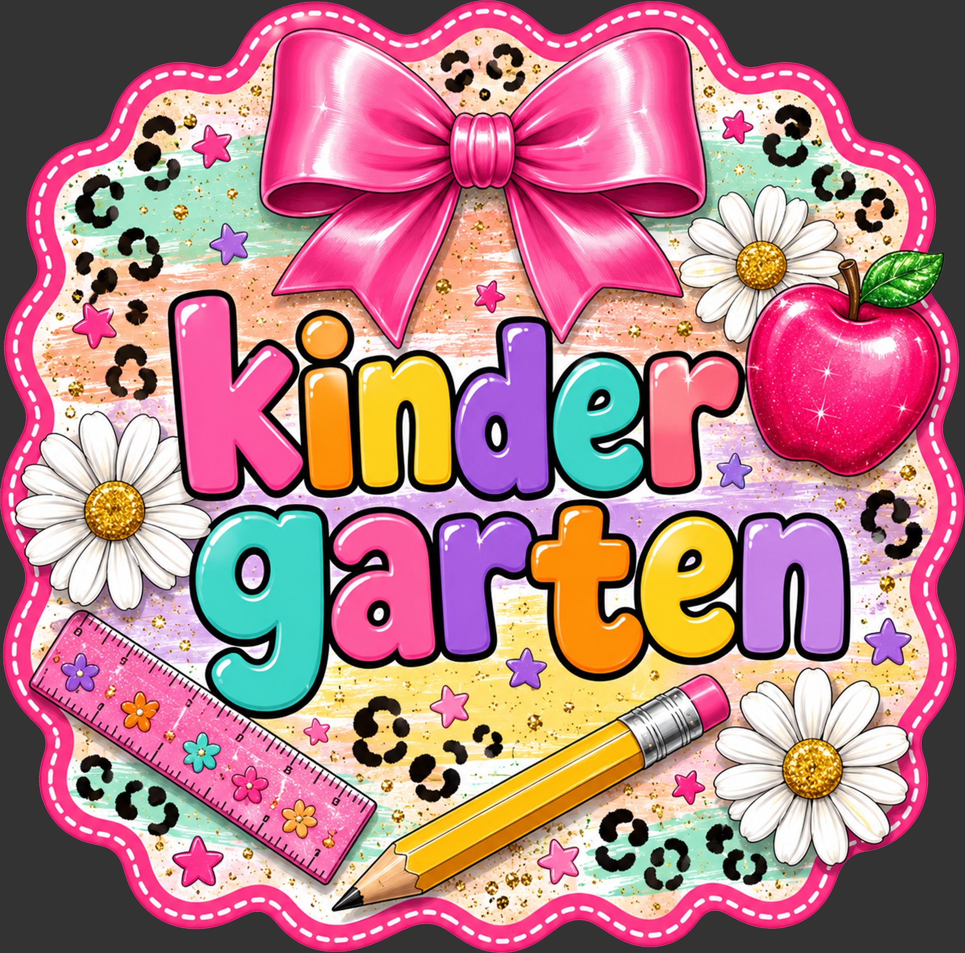 A colorful decorative sign or sticker with the words 'Kinder Garten' in large playful letters, surrounded by school-themed illustrations including a pink bow, white daisies, a red apple, a pink ruler, a yellow pencil, and black leopard-print spots on a pastel patterned background.