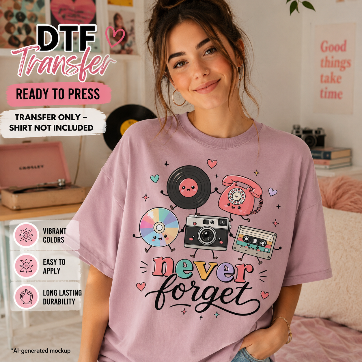 A woman wearing a light pink graphic T-shirt with a retro 80s-themed print including a vinyl record, pink rotary phone, cassette tape, camera, and the words 'never forget.' The image is a promotional mockup with text overlays about DTF transfer readiness and product features.