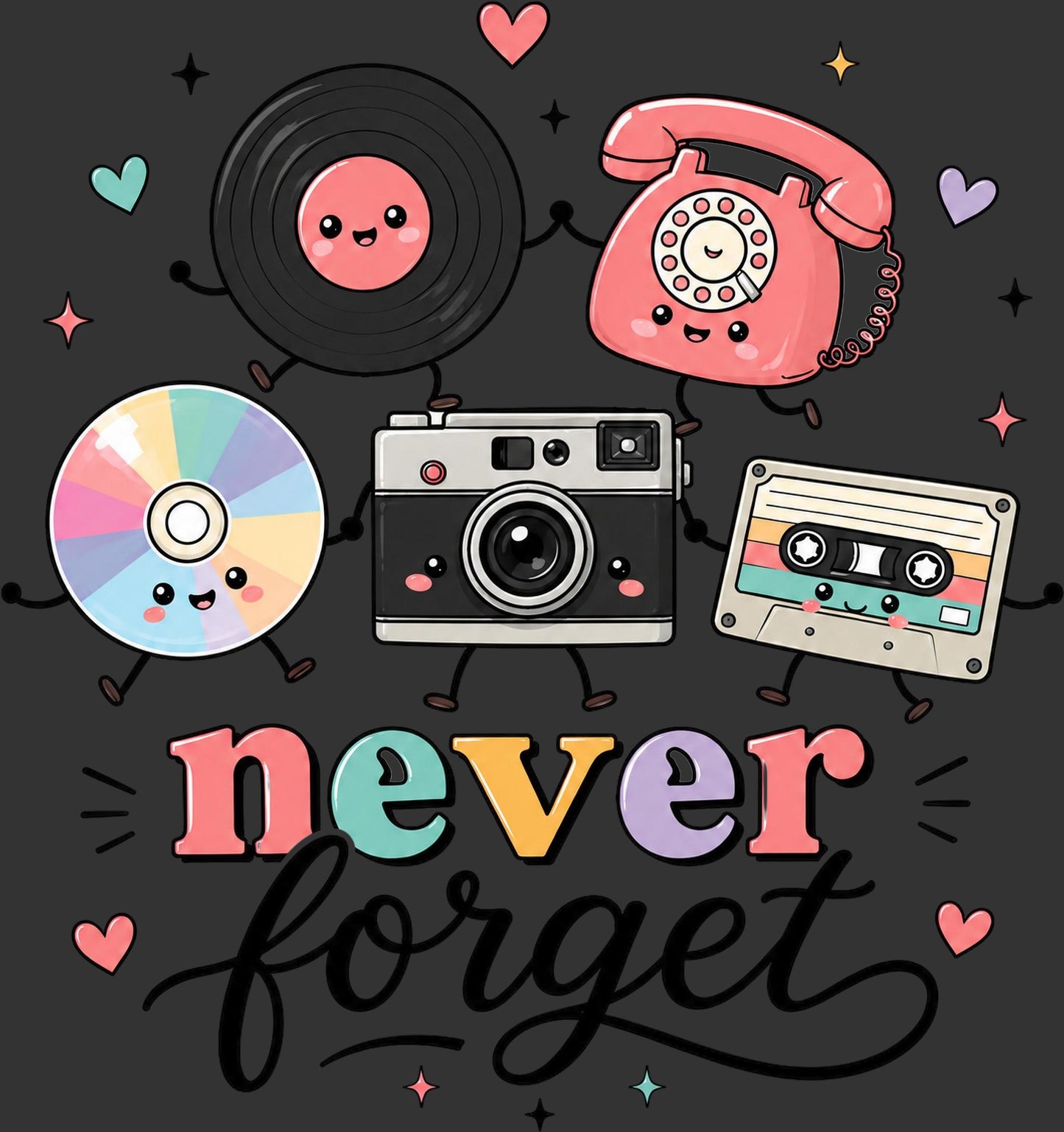 A dark gray square graphic with cute illustrated retro objects and the words 'never forget' in pastel lettering. The design includes a smiling vinyl record, a pink rotary telephone, a smiling CD, a vintage camera, and a cassette tape, all with small cartoon arms and legs.