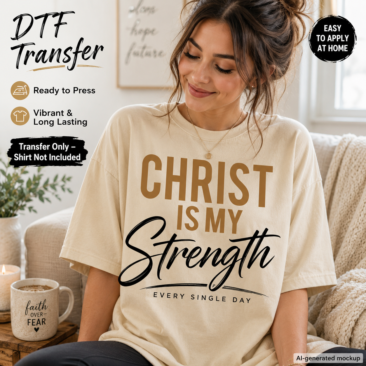 A woman wearing a cream-colored t-shirt with a graphic that reads 'CHRIST IS MY Strength EVERY SINGLE DAY' in brown and black lettering. The image is a promotional mockup with text overlays describing 'DTF Transfer' features and benefits, set in a cozy living room environment.