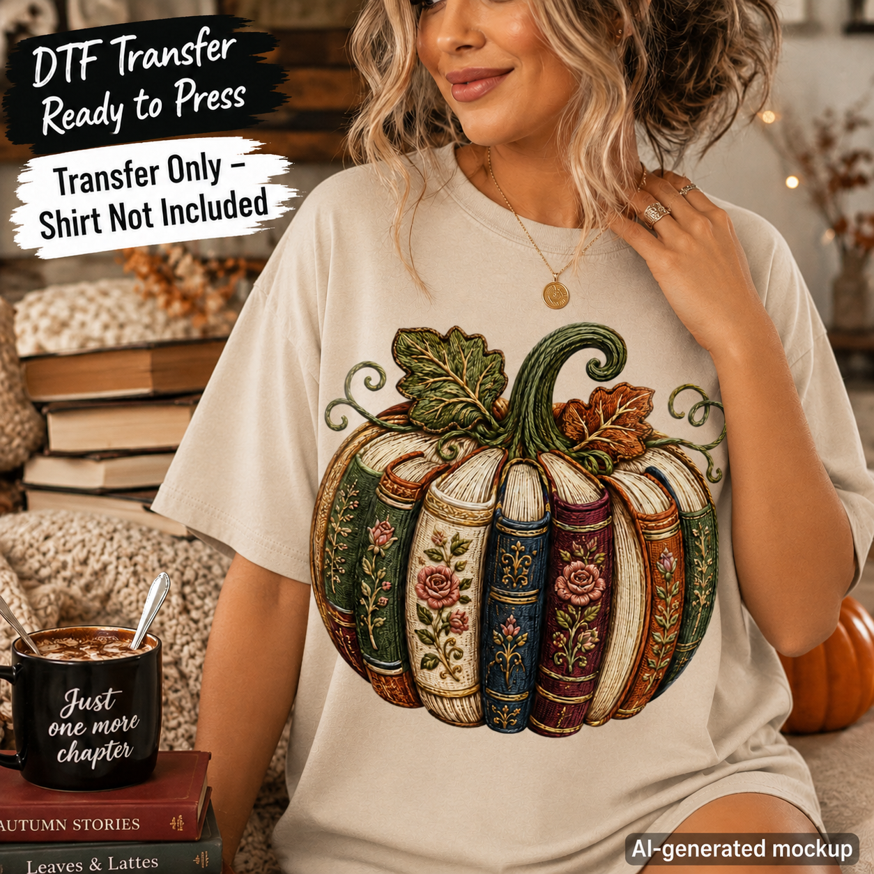 A woman wearing a cream-colored t-shirt with a graphic of a pumpkin made of vintage book spines, set in a cozy autumn-themed room with books and a mug.