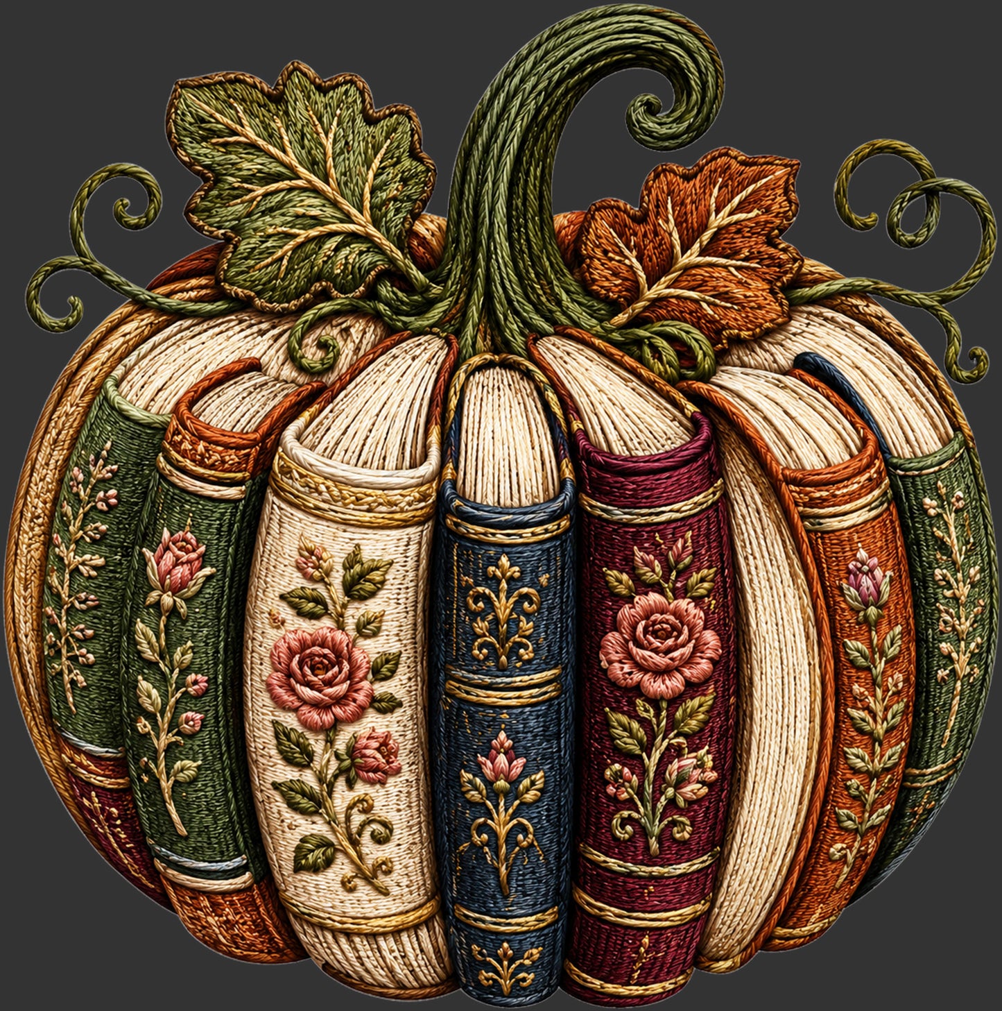 A decorative pumpkin-shaped textile or tapestry featuring stitched vintage books with floral designs, green leaves, and a curled stem, shown on a dark gray background.