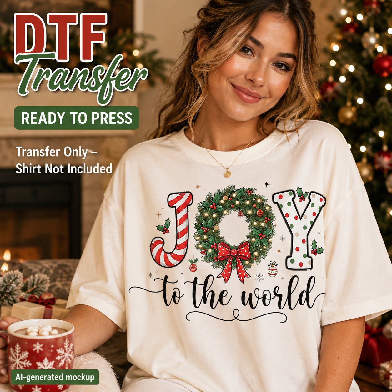 A woman wearing a Christmas-themed DTF transfer mockup shirt with 'JOY to the world' printed in festive holiday colors, set against a cozy holiday background with a Christmas tree and hot cocoa.