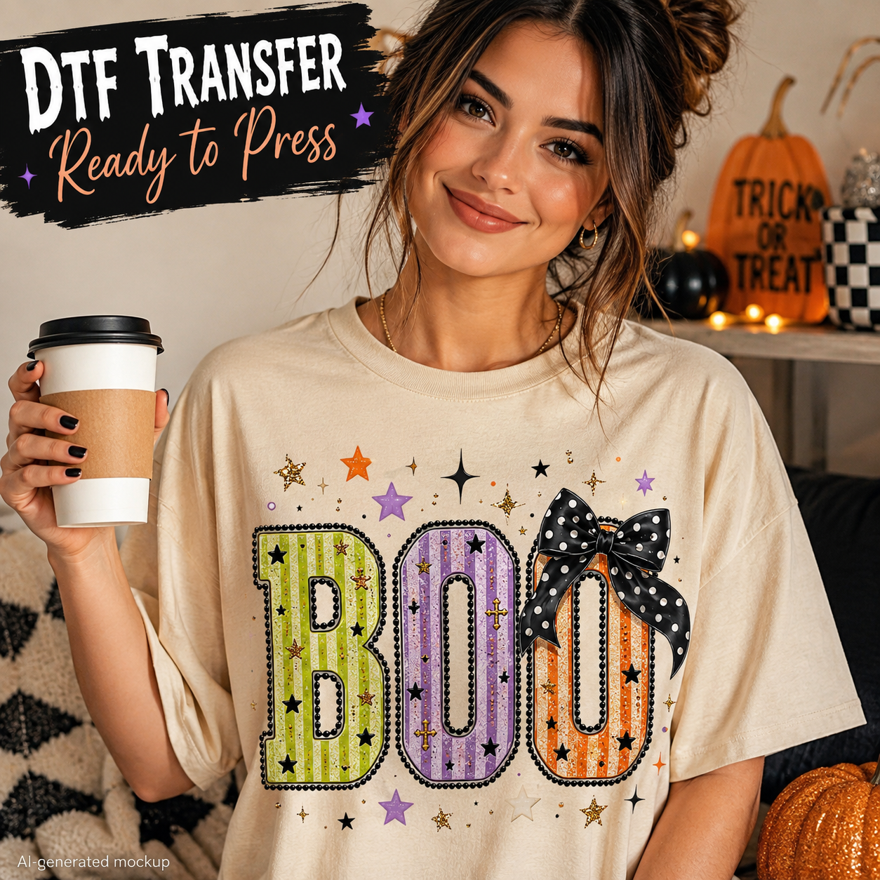 A woman wearing a beige graphic T-shirt with a Halloween 'BOO' design in green, purple, and orange, holding a coffee cup in a cozy indoor setting with pumpkins and candles. Text overlays read 'DTF TRANSFER Ready to Press'.