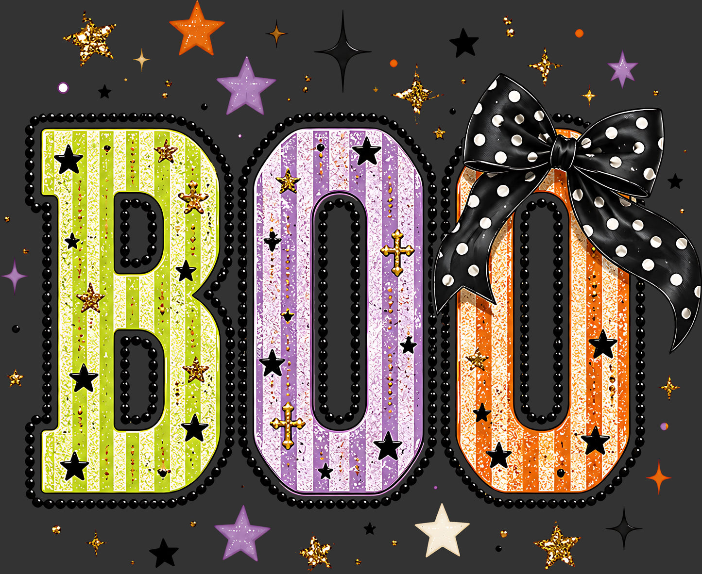 Halloween-themed decorative graphic spelling 'BOO' in large glittery letters on a dark gray background with stars and gold accents. The letter B is lime green and striped, O is lavender and striped, O is orange and striped, and a black-and-white polka dot bow sits on the right O.