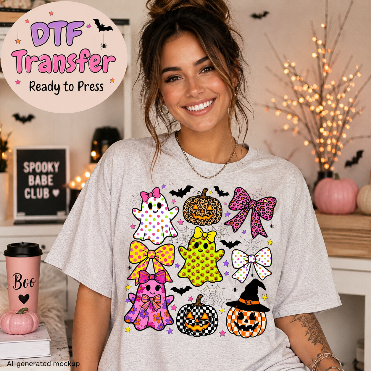 A woman wearing a light gray t-shirt with a colorful Halloween graphic print featuring ghosts, pumpkins, bows, and a witch hat. The image is a mockup with a 'DTF Transfer Ready to Press' badge in the top left and a cozy, decorated background with pumpkins and string lights.