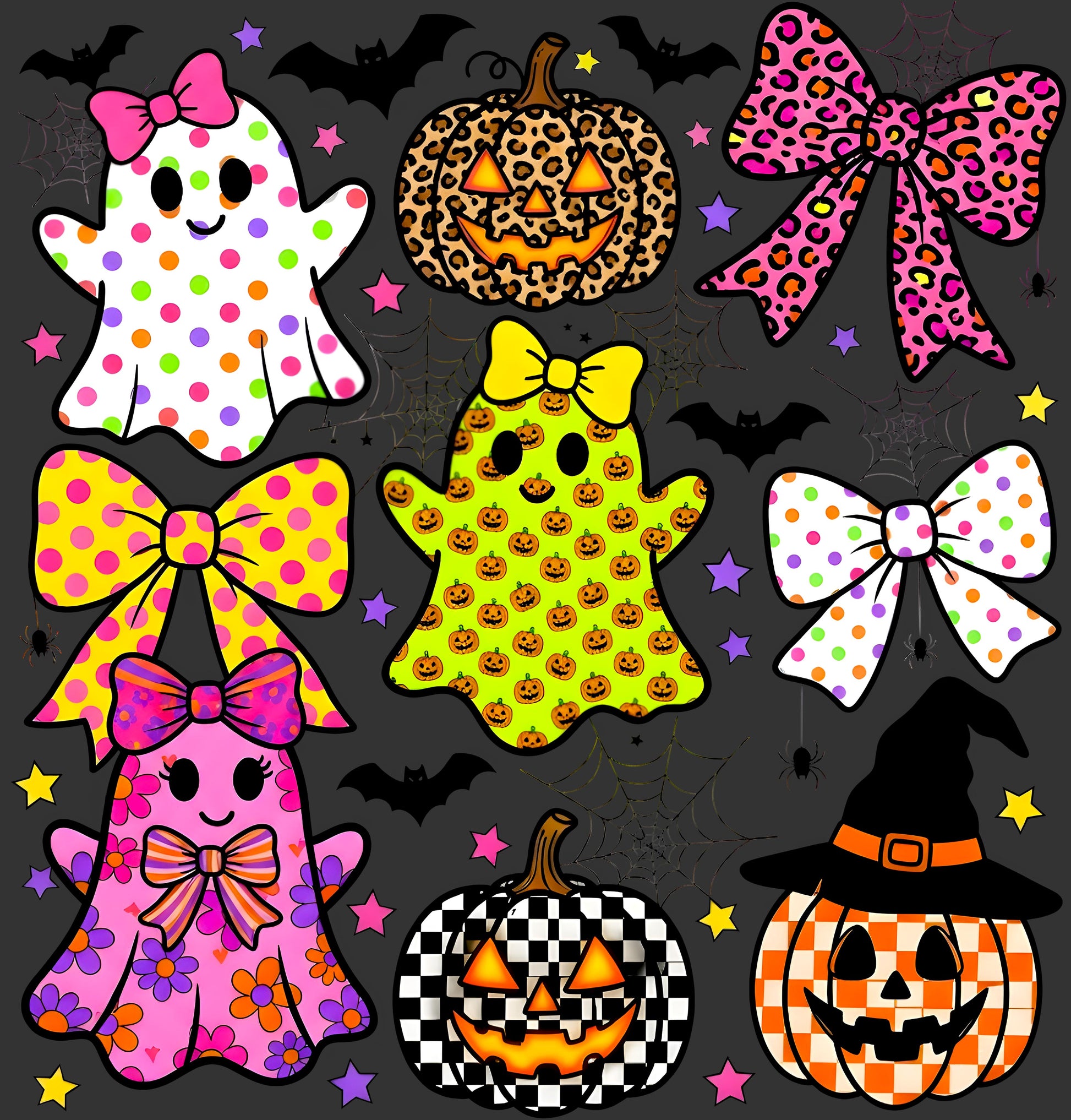 A Halloween-themed graphic sheet featuring cute cartoon ghosts, pumpkins, bows, stars, and bats in multiple colorful animal-print and polka-dot patterns on a dark gray background.