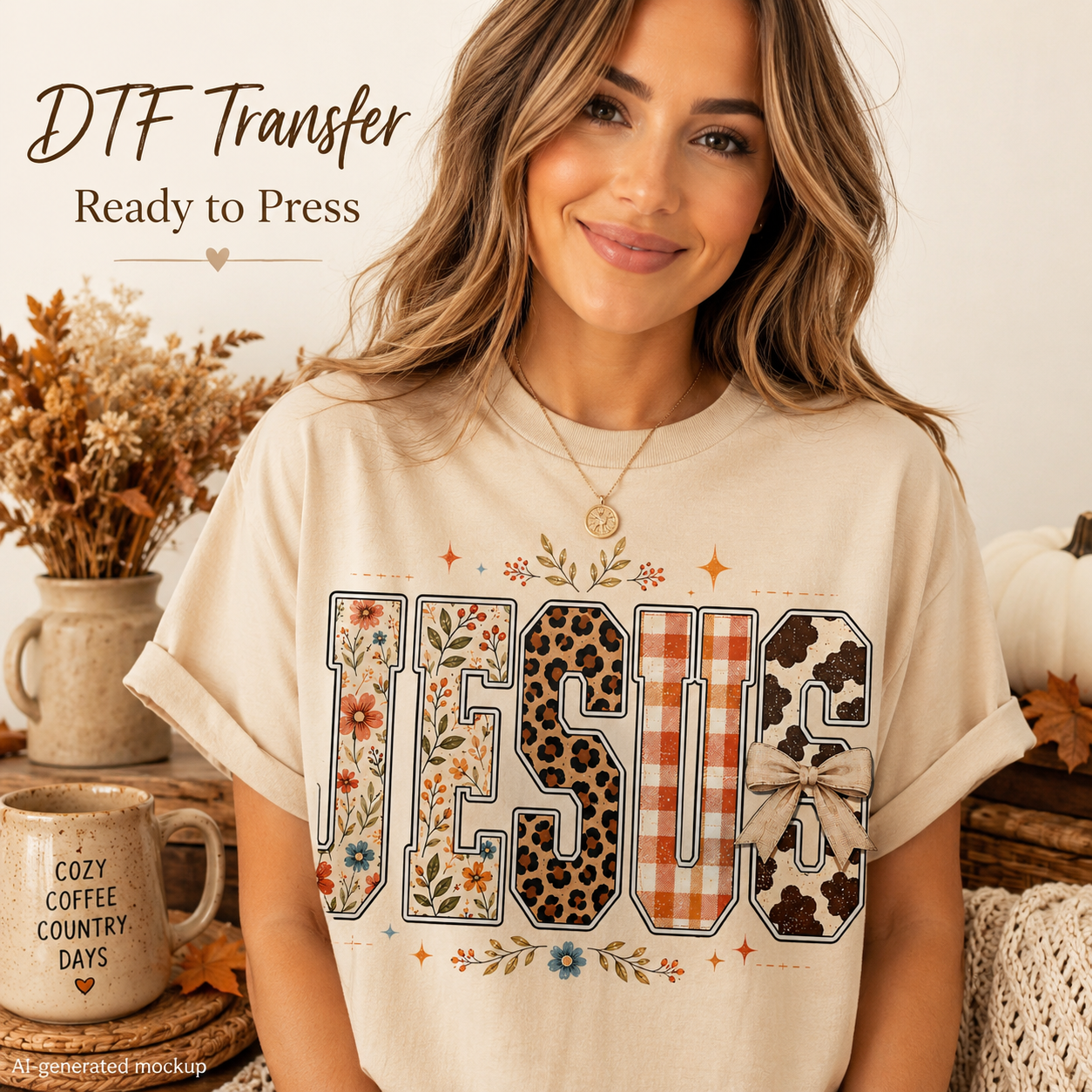 A woman wearing a cream-colored t-shirt with a decorative graphic that spells 'JESUS' using various patterns (leopard print, gingham, leopard, floral, plaid). The image has a cozy, autumn-themed background with a mug, dried flowers, and pumpkins, and includes text overlays reading 'DTF Transfer Ready to Press'.