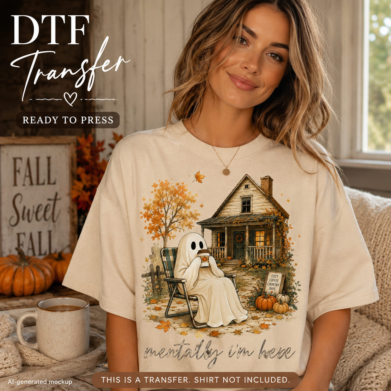 A woman wearing a cream-colored DTF transfer mockup t-shirt with a fall-themed graphic of a ghost sitting in a chair in front of a house. The image includes text overlays reading 'DTF Transfer' and 'READY TO PRESS'.