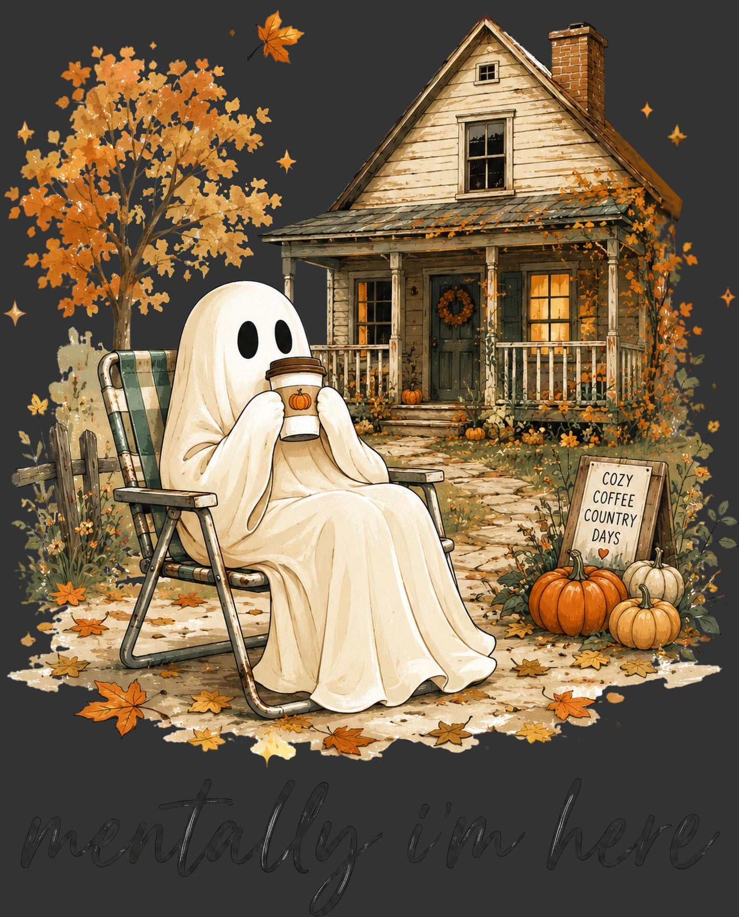 A cozy autumn illustration of a ghost-like figure in a white sheet sitting in a folding chair by a porch, holding a coffee mug. The scene includes orange leaves, pumpkins, a small sign reading 'COZY COFFEE COUNTRY DAYS', and the phrase 'mentally i'm here' at the bottom on a dark background.