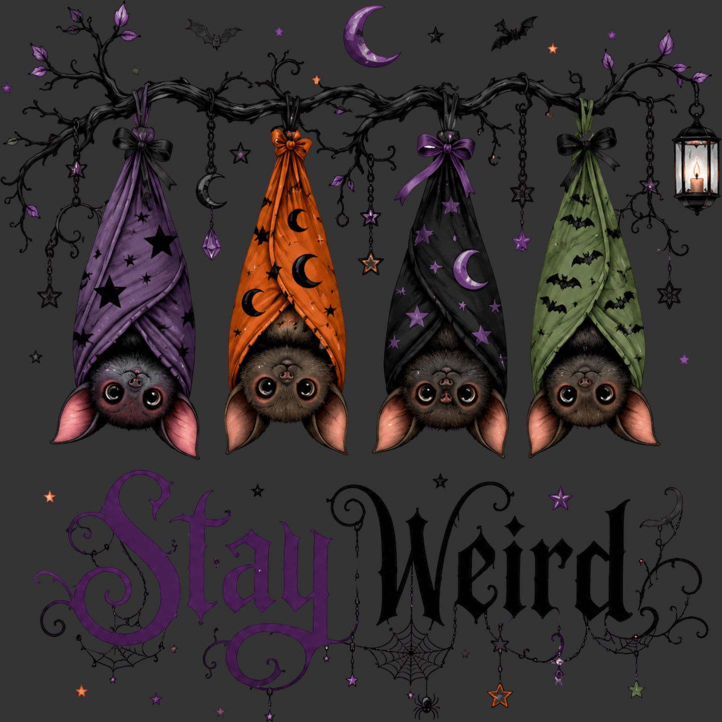 Halloween-themed graphic featuring four cute bats hanging from a branch, each wrapped in a different colored cloth (purple, orange, black, green) with stars and moons. The text 'Stay Weird' is written in a gothic font at the bottom against a dark gray background decorated with spiderwebs and stars.