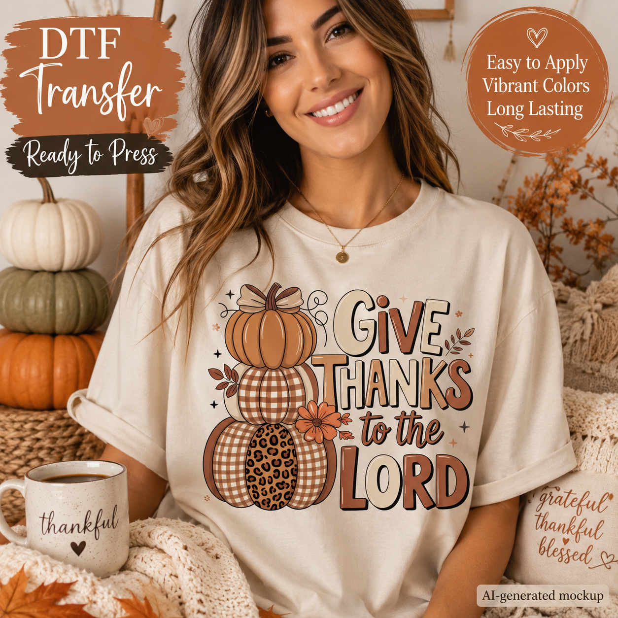 A woman wearing a cream-colored t-shirt with a fall-themed graphic that reads 'GIVE THANKS TO THE LORD' over stacked pumpkins. The image is a promotional mockup for a DTF (Direct to Film) transfer, featuring autumn props like pumpkins, a mug, and a cozy blanket, with text overlays describing the transfer qualities.