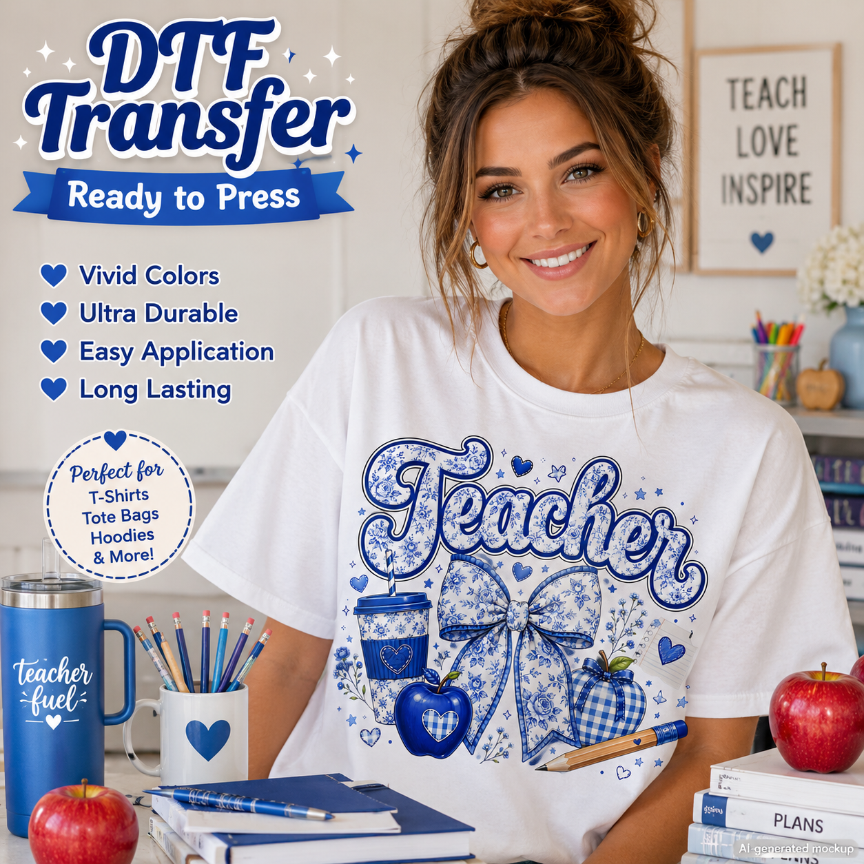 A woman wearing a white graphic T-shirt with a blue DTF transfer design that reads 'Teacher' in large script with hearts, bows, apples, and coffee cups. The image includes promotional text for DTF transfer and school-themed props like apples, pencils, notebooks, and books.