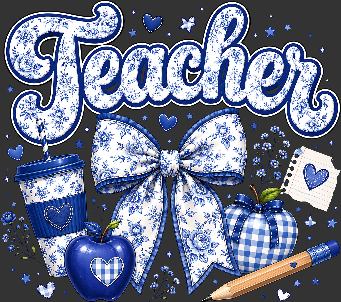A blue and white floral-themed graphic design celebrating Teachers Day, featuring the word 'Teacher' in large cursive letters, a large bow, a coffee cup, an apple, a gingham-patterned heart, a pencil, and stars on a dark gray background.