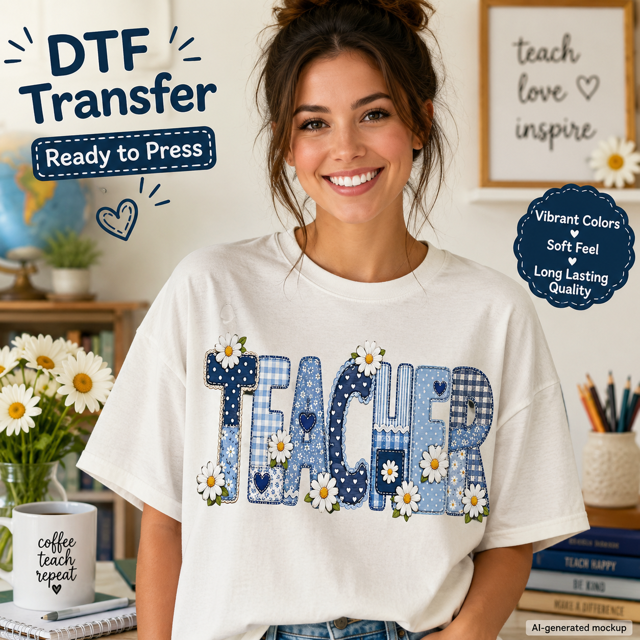 A smiling woman wearing a white T-shirt with a colorful patchwork-style 'TEACHER' graphic and daisy flowers, shown in a styled indoor room with decor and text callouts about DTF transfer readiness.