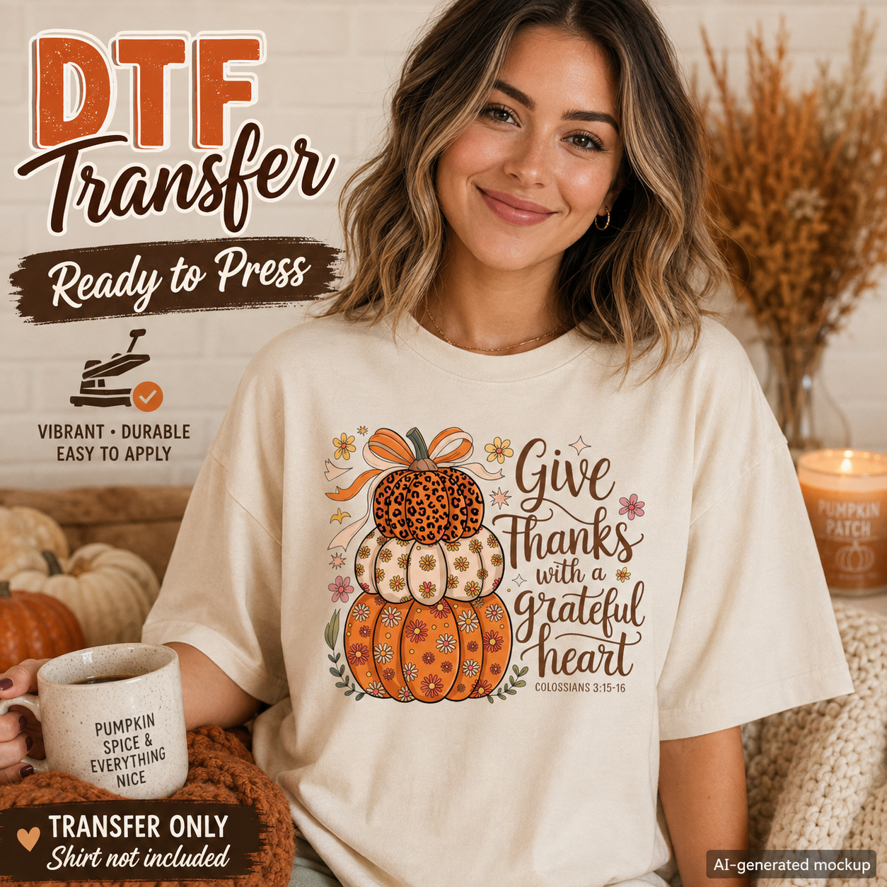 A woman wearing a cream-colored t-shirt with a DTF transfer graphic of stacked patterned pumpkins and the quote 'Give Thanks with a grateful heart'. The image includes promotional text overlays for a 'DTF Transfer Ready to Press' product.