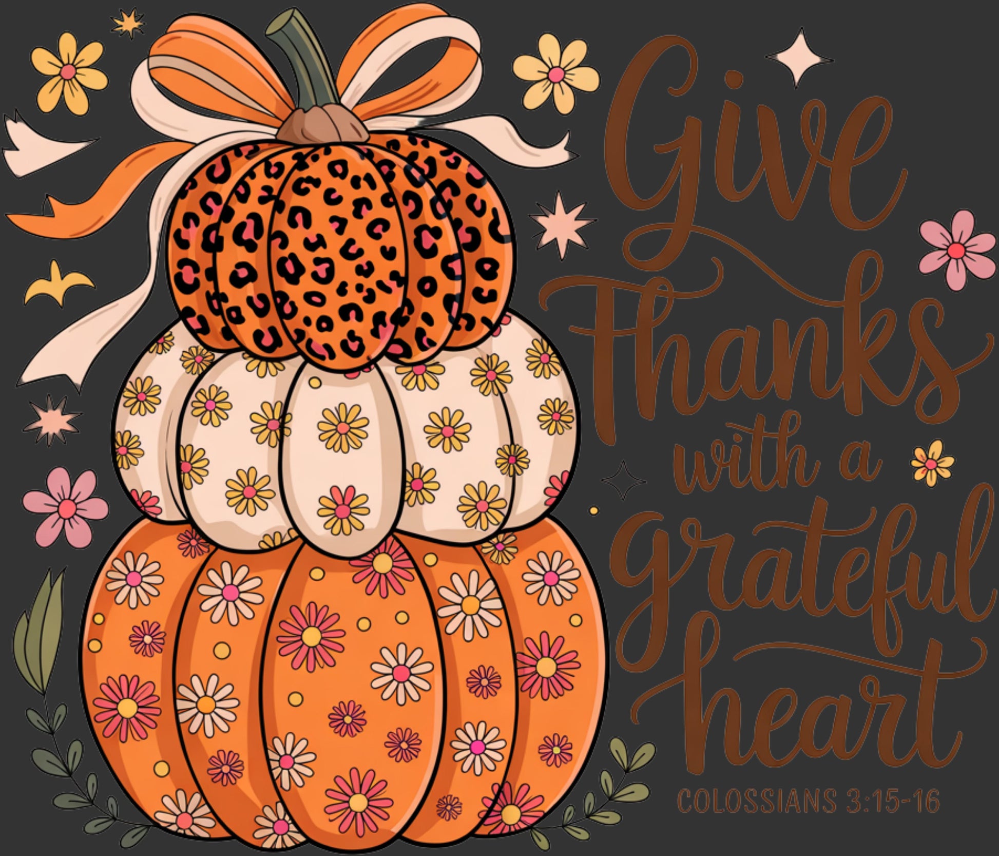An autumn-themed graphic design featuring three stacked pumpkins with distinct patterns: a leopard print pumpkin on top, a cream pumpkin in the middle, and an orange pumpkin at the bottom with pink and white flowers. A large orange and cream ribbon bow is tied at the top.