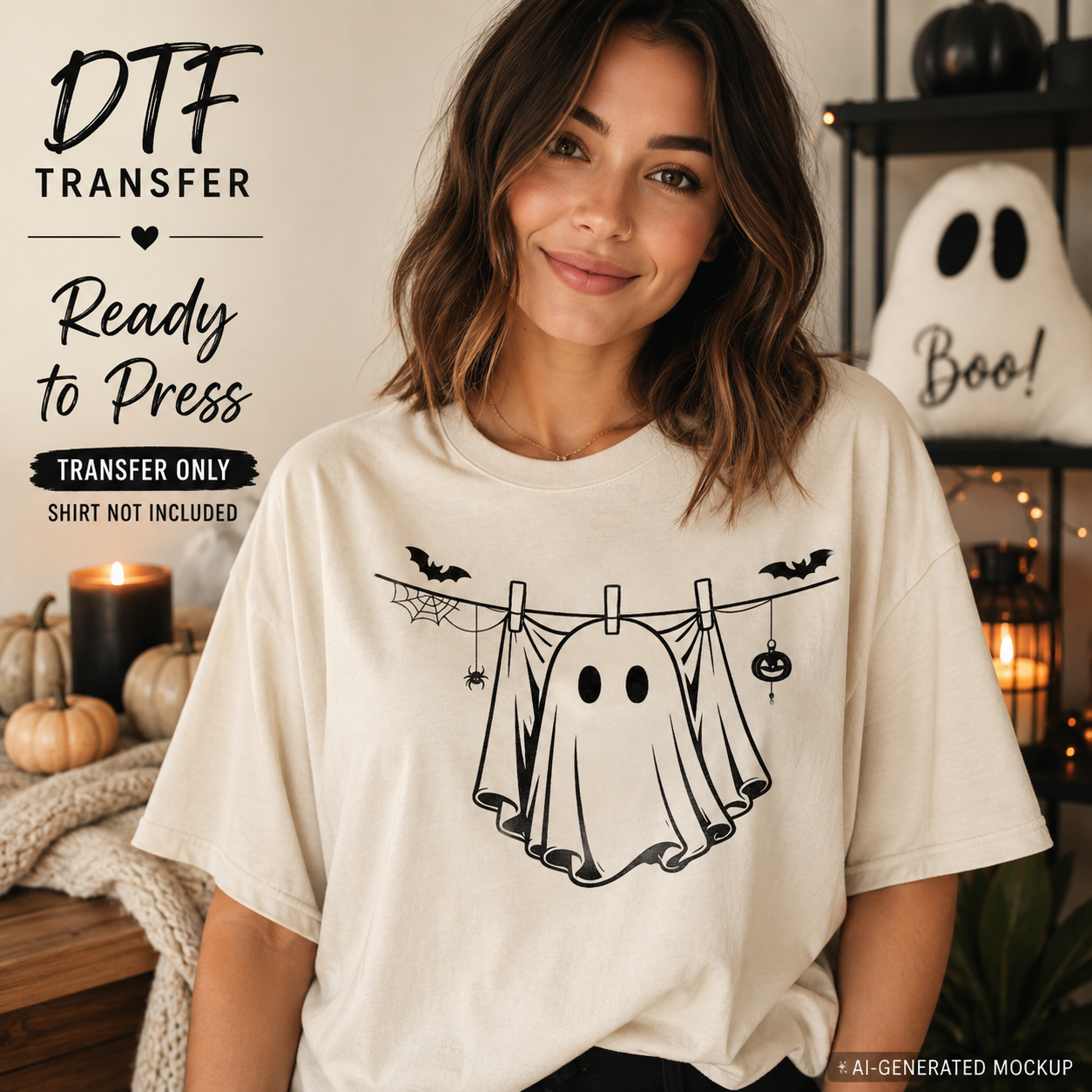 A woman wearing a cream-colored t-shirt with a black graphic of a ghost hanging on a clothesline with bats and a pumpkin. The image features promotional text overlays for a 'DTF TRANSFER' and includes a mockup background with Halloween decorations.