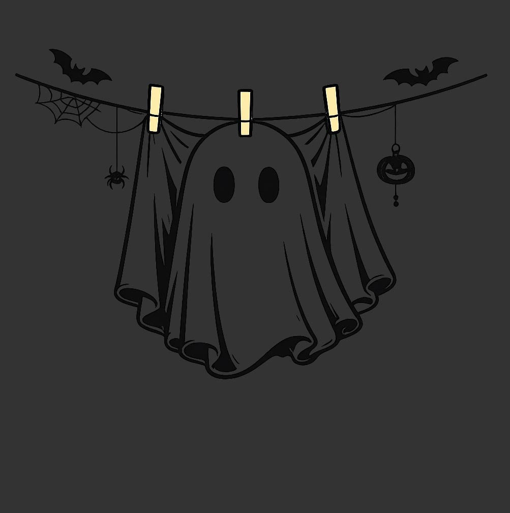 A Halloween-themed graphic showing a black ghost sheet hanging from a clothesline with three cream-colored clothespins, surrounded by spooky decorations including bats, a spiderweb, a spider, and a jack-o'-lantern on a dark gray background.