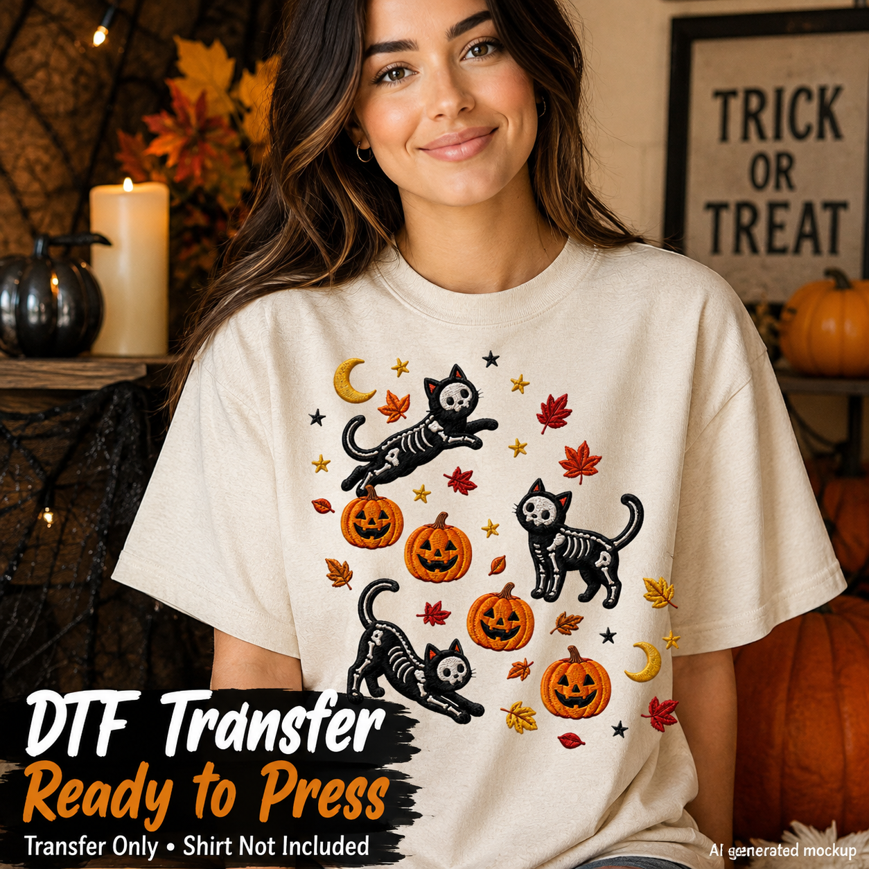 A woman wearing a cream-colored t-shirt with a Halloween-themed DTF transfer design featuring skeleton cats, pumpkins, and autumn leaves. The image includes text overlays indicating 'DTF Transfer Ready to Press' and 'Transfer Only • Shirt Not Included'.