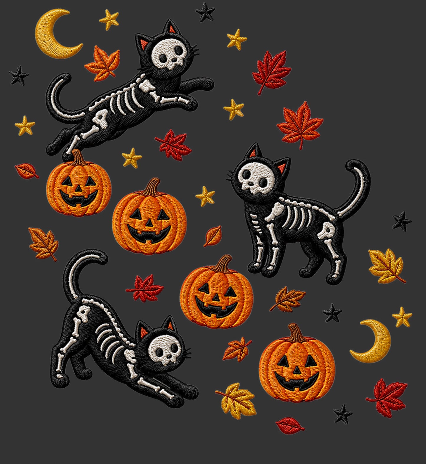 Halloween-themed embroidered design featuring three black-and-white skeleton cats, four orange jack-o'-lantern pumpkins, red and yellow autumn leaves, and gold and black stars on a dark gray background.