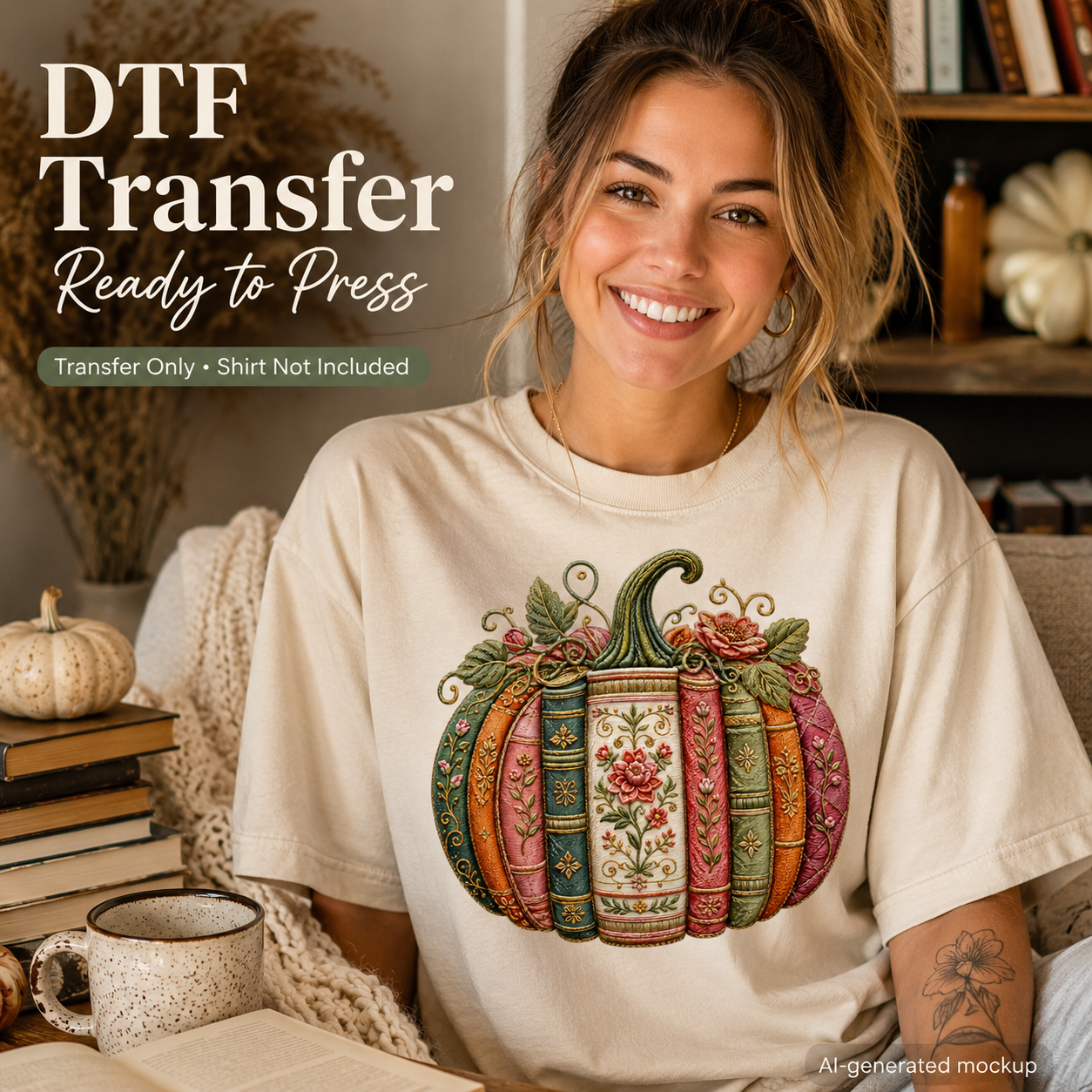 A smiling woman seated indoors wearing a cream T-shirt with a large decorative pumpkin graphic made from colorful book spines and floral details. Large overlaid text reads 'DTF Transfer Ready to Press' and 'Transfer Only • Shirt Not Included,' indicating this is a mockup/preview for a transfer design rather than a standard product photo.