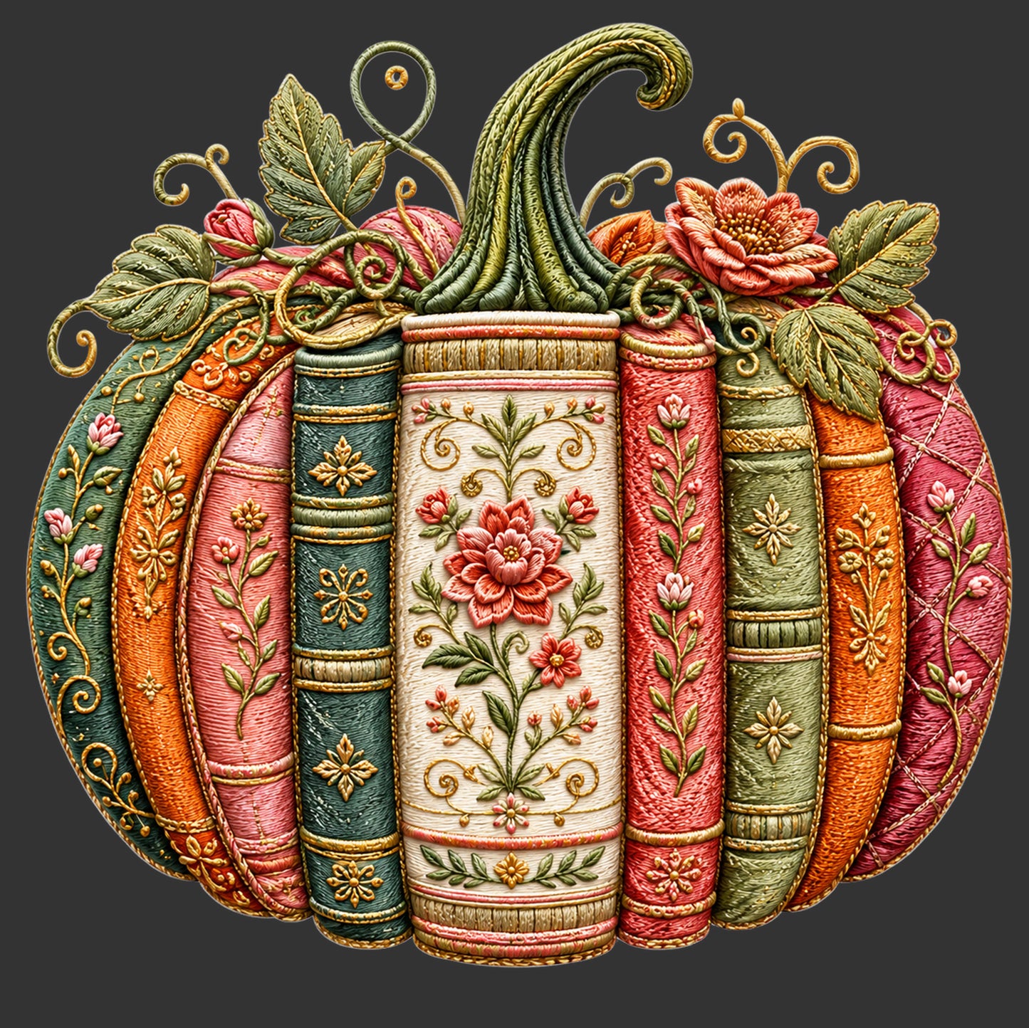 A decorative pumpkin-shaped textile or wall hanging made from vertical embroidered book spines in autumn colors, including teal, orange, pink, cream, and olive green, with floral motifs and a curled stem, shown on a dark gray background.