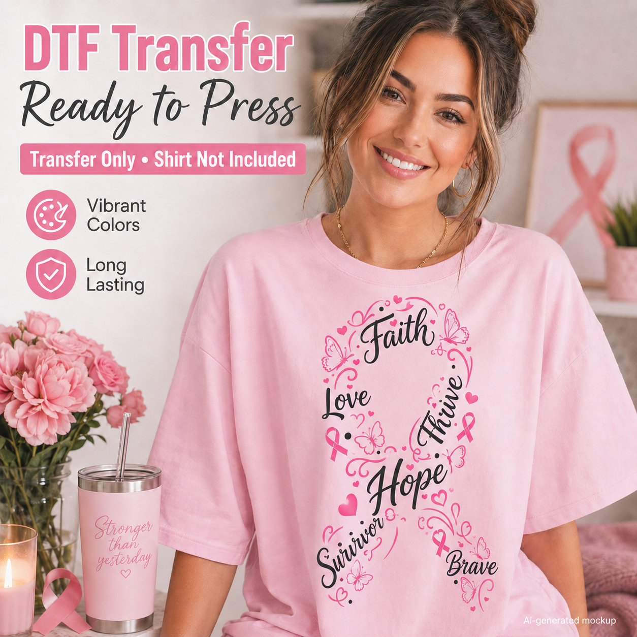 A woman wearing a light pink graphic T-shirt with a breast cancer awareness design featuring the words 'Faith, Love, Thrive, Hope, Smirker, Brave' and pink awareness ribbons. The image includes promotional text overlays and a matching pink tumbler cup with a pink ribbon on a shelf in a softly styled room.