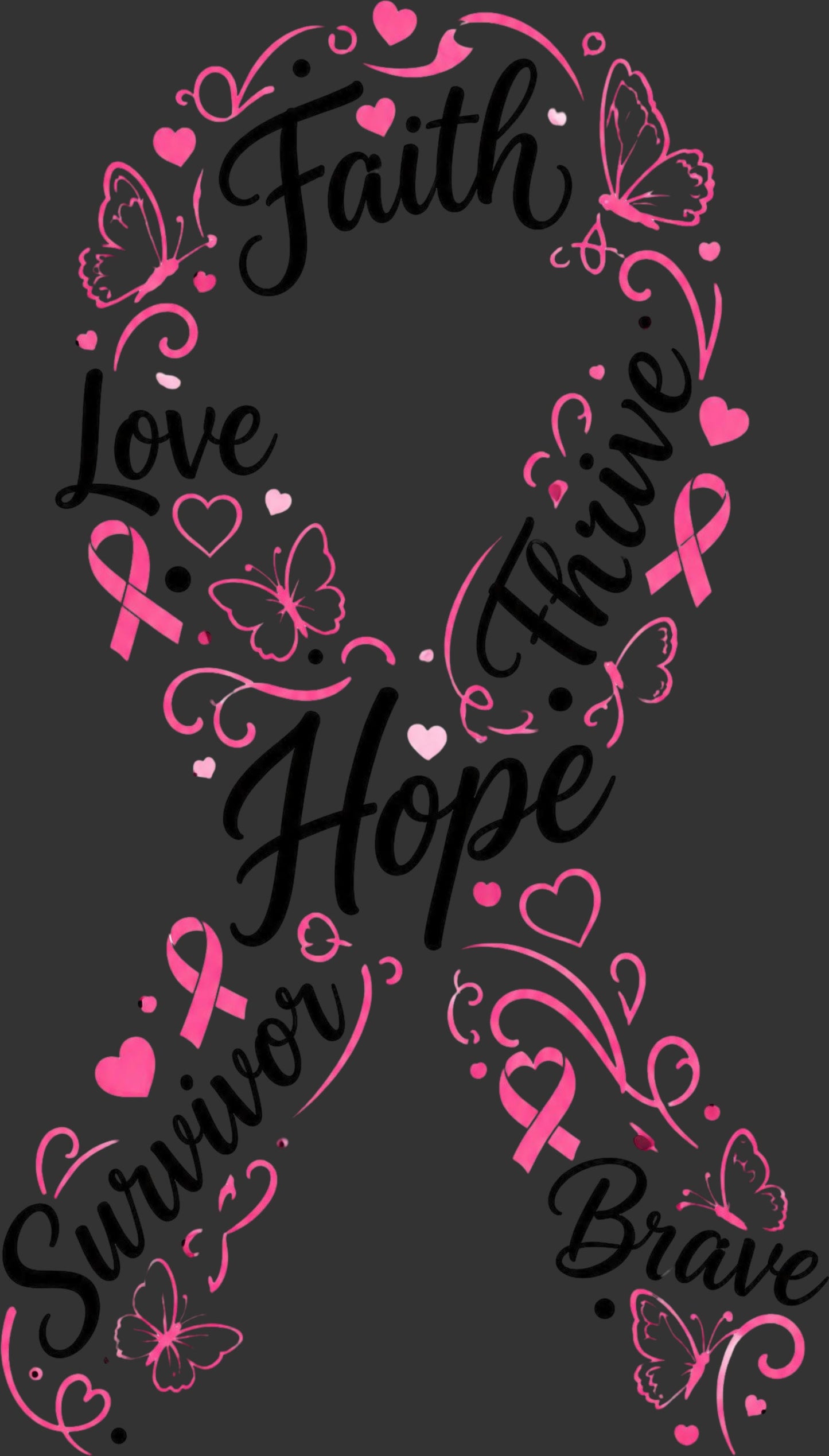 A dark gray square graphic featuring a pink awareness ribbon formed by the words 'Faith', 'Love', 'Thrive', 'Hope', 'Survivor', and 'Brave' in black script, decorated with pink ribbons, hearts, butterflies, and swirls.