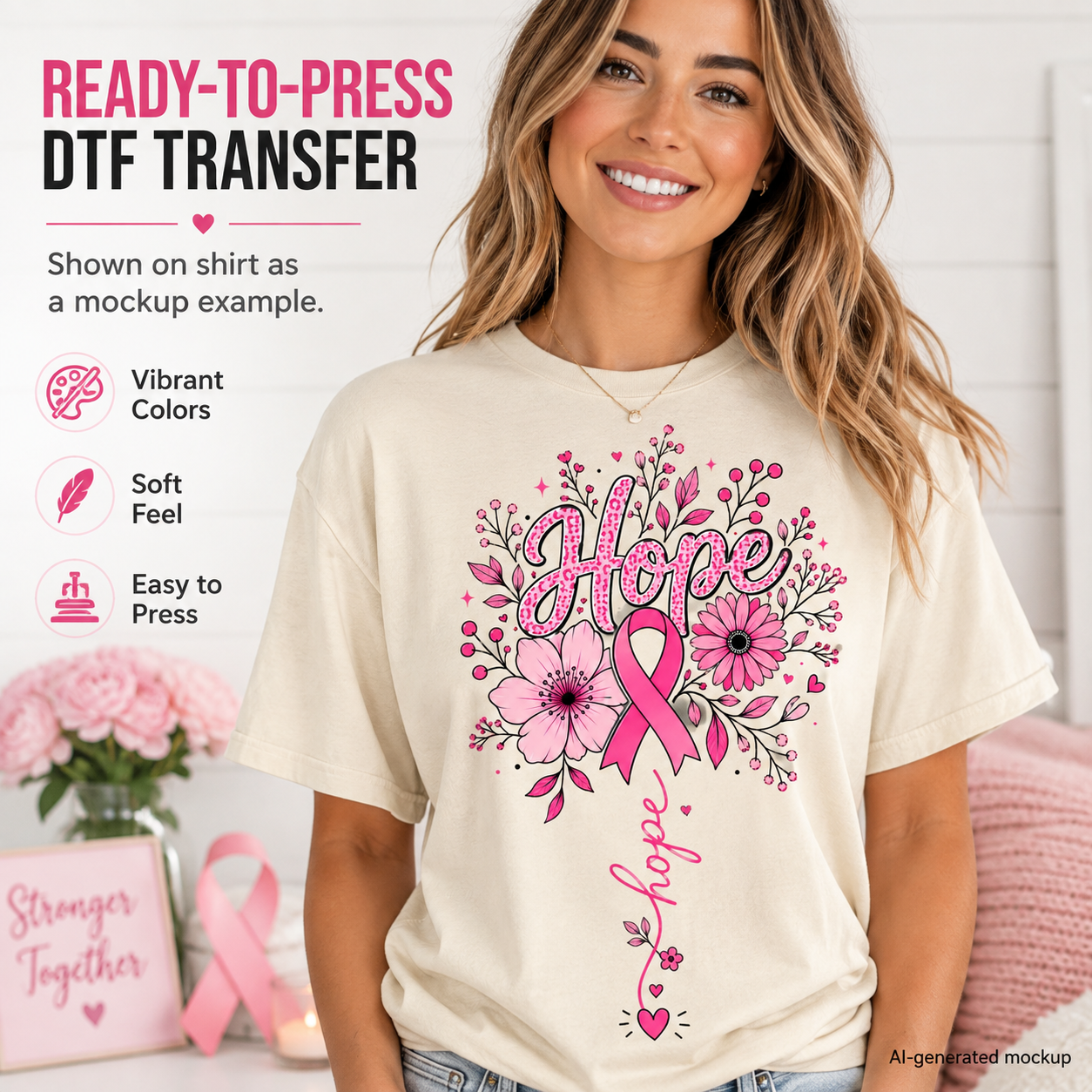 A woman wearing a cream-colored t-shirt with a pink floral 'Hope' graphic, set against a bright, soft-focus bedroom background. The image includes promotional text on the left highlighting the features of a ready-to-press DTF transfer.