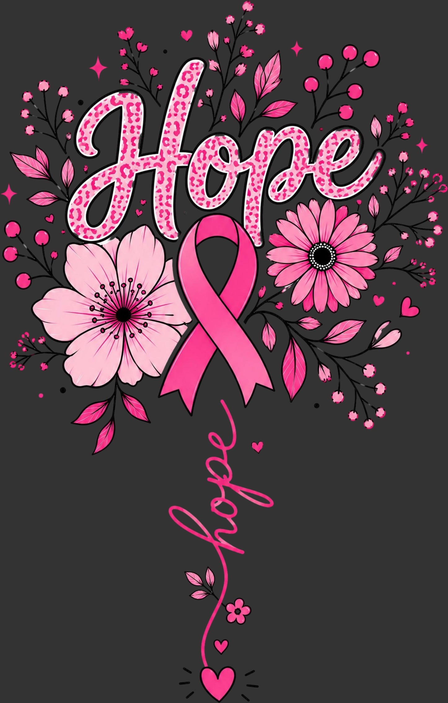 A digital graphic design featuring the word 'Hope' in a pink leopard-print patterned font, accompanied by a pink awareness ribbon, pink and white flowers, and small hearts on a dark gray background. The word 'hope' is written vertically in pink script at the bottom.