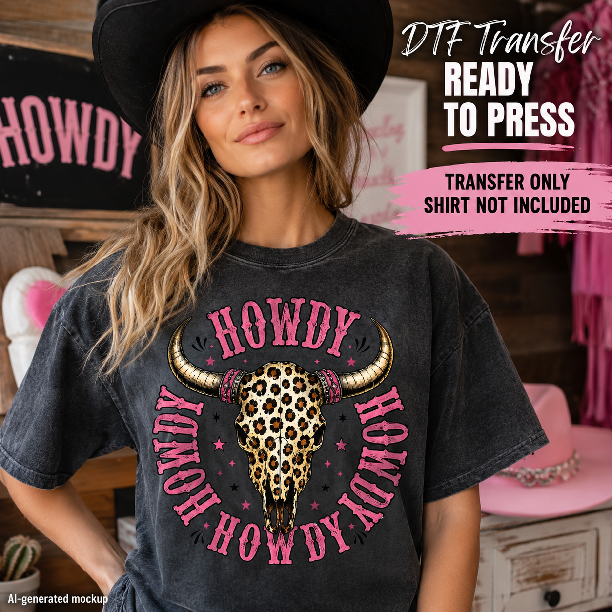 A woman wearing a black cowboy hat and a faded black graphic T-shirt with a large bull skull and pink 'HOWDY' text. The scene appears to be a styled interior mockup, and text overlays read 'DTF Transfer Ready to Press' and 'Transfer Only Shirt Not Included.