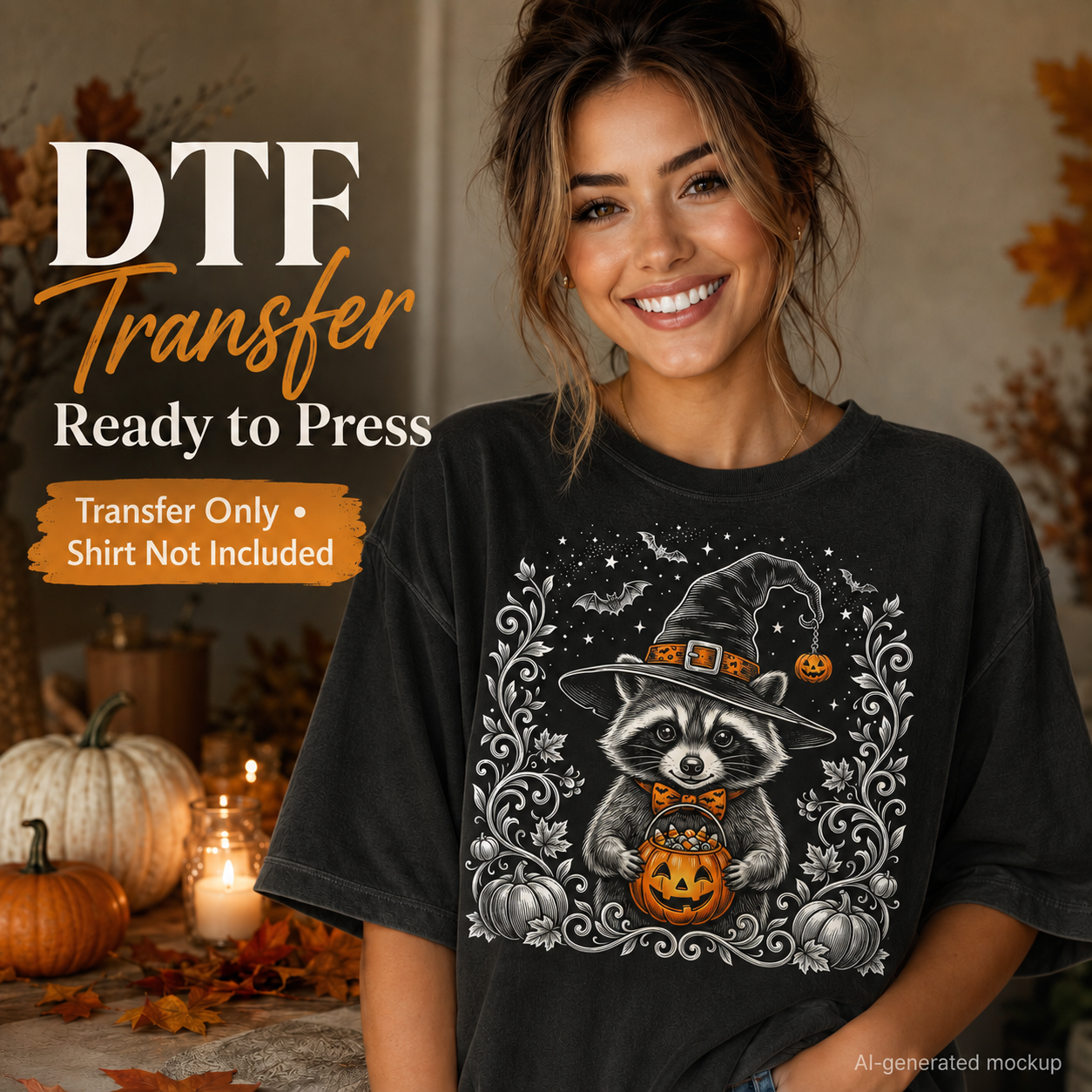 A woman wearing a black graphic T-shirt with a raccoon in a witch hat design, shown in a fall-themed indoor setting with pumpkins and candles. Large text on the left reads 'DTF Transfer Ready to Press' and 'Transfer Only • Shirt Not Included'.