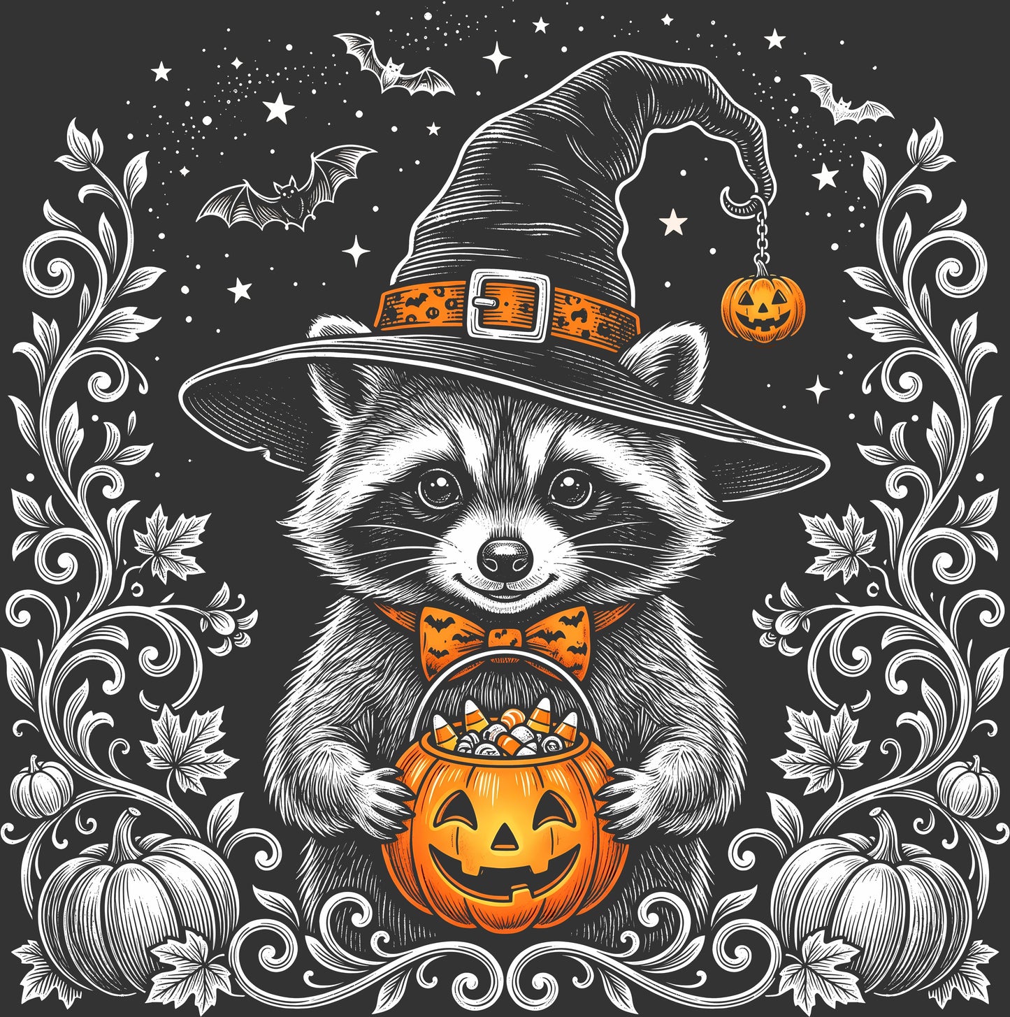 A stylized Halloween illustration of a raccoon wearing a witch hat and bow tie, holding a jack-o'-lantern candy bucket, with bats, stars, pumpkins, and ornate white floral scrollwork on a dark background.